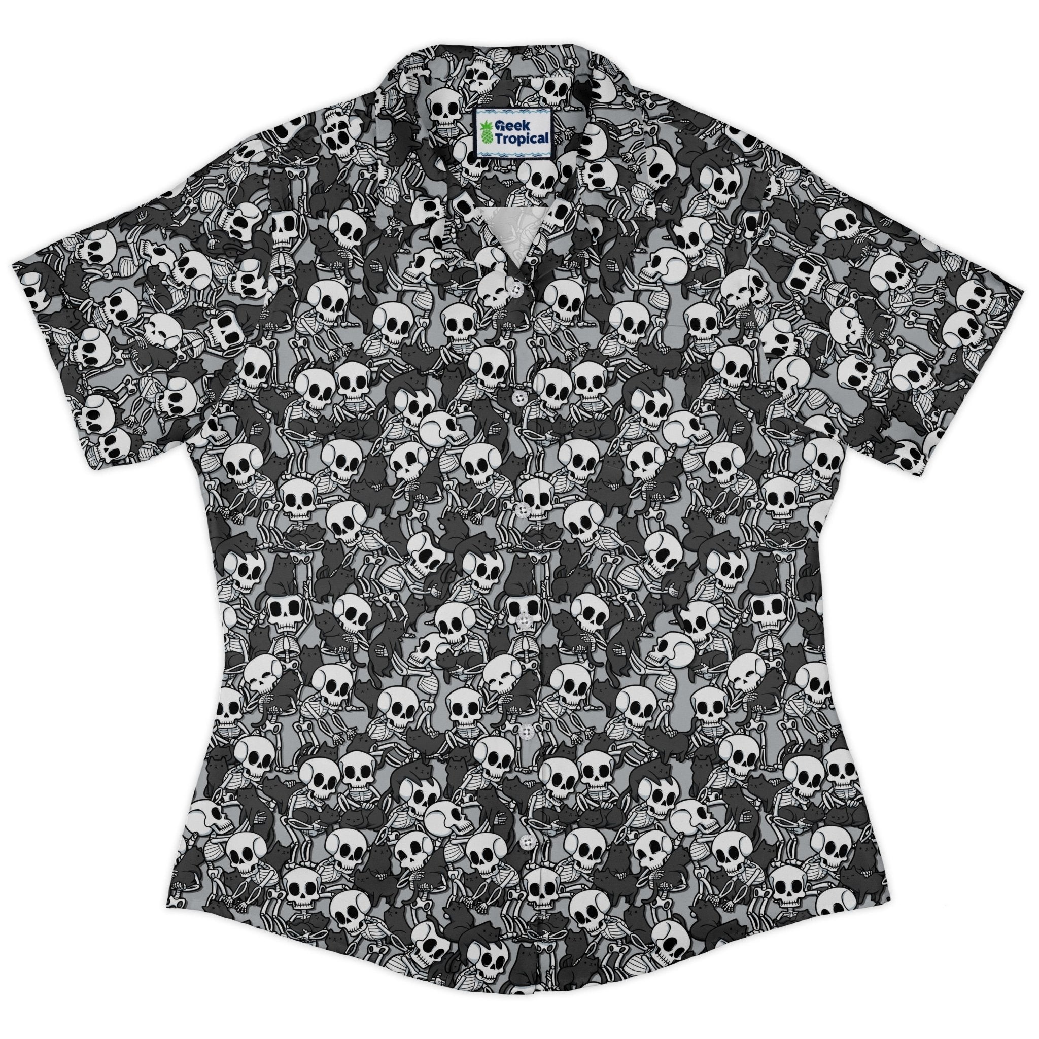 Skeleton Cat Love Curvy Button Up Shirt Geek Nerd 0925 All Adult Button Up Shirts Animal Patterns
