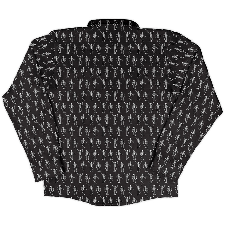 Skeleton Hanging Long Sleeve Button Up Shirt Geek Nerd adult sizing Design by Heather Davenport FLOW DESC WRITING