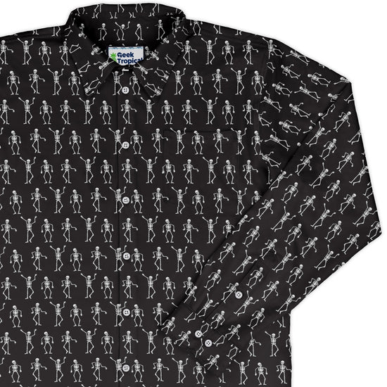 Skeleton Hanging Long Sleeve Button Up Shirt Geek Nerd adult sizing Design by Heather Davenport FLOW DESC WRITING