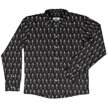 Skeleton Hanging Long Sleeve Button Up Shirt Geek Nerd adult sizing Design by Heather Davenport FLOW DESC WRITING