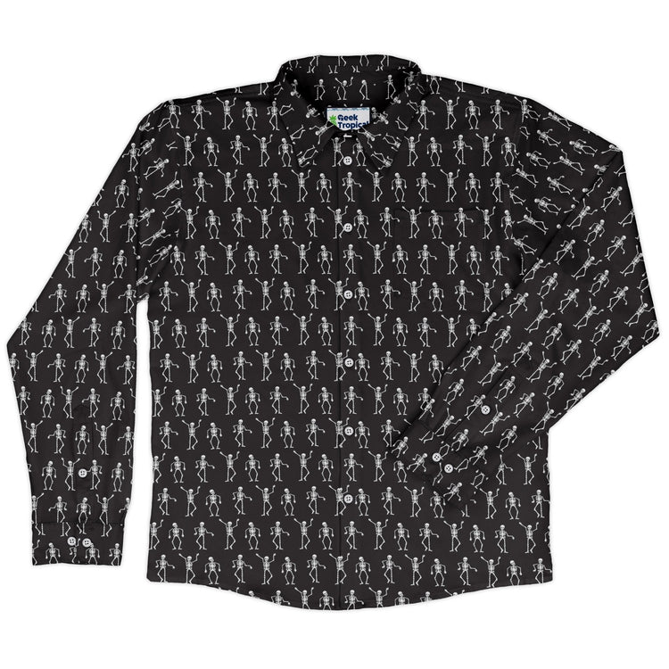 Skeleton Hanging Long Sleeve Button Up Shirt Geek Nerd adult sizing Design by Heather Davenport FLOW DESC WRITING