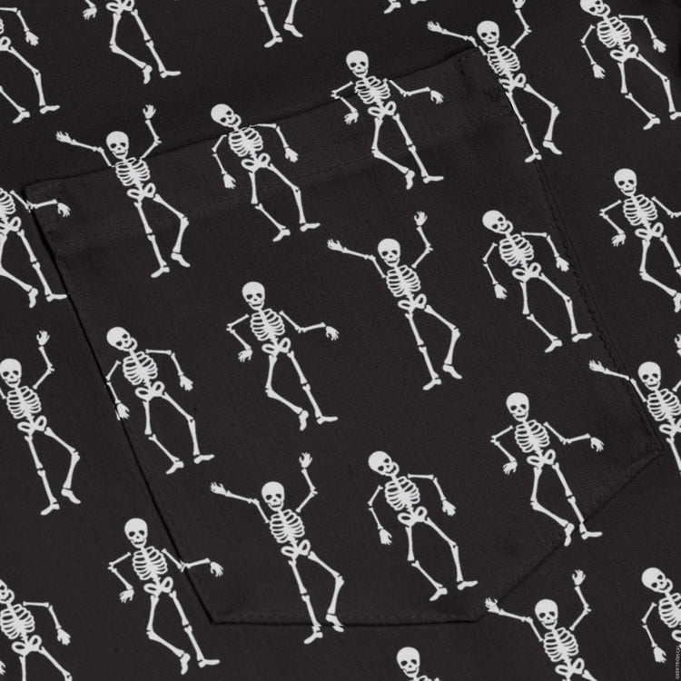 Skeleton Hanging Long Sleeve Button Up Shirt Geek Nerd adult sizing Design by Heather Davenport FLOW DESC WRITING