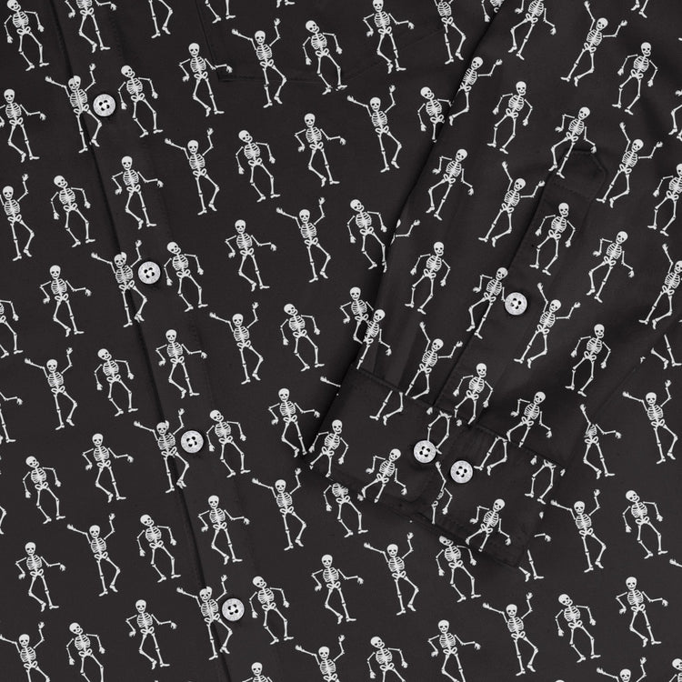 Skeleton Hanging Long Sleeve Button Up Shirt Geek Nerd adult sizing Design by Heather Davenport FLOW DESC WRITING