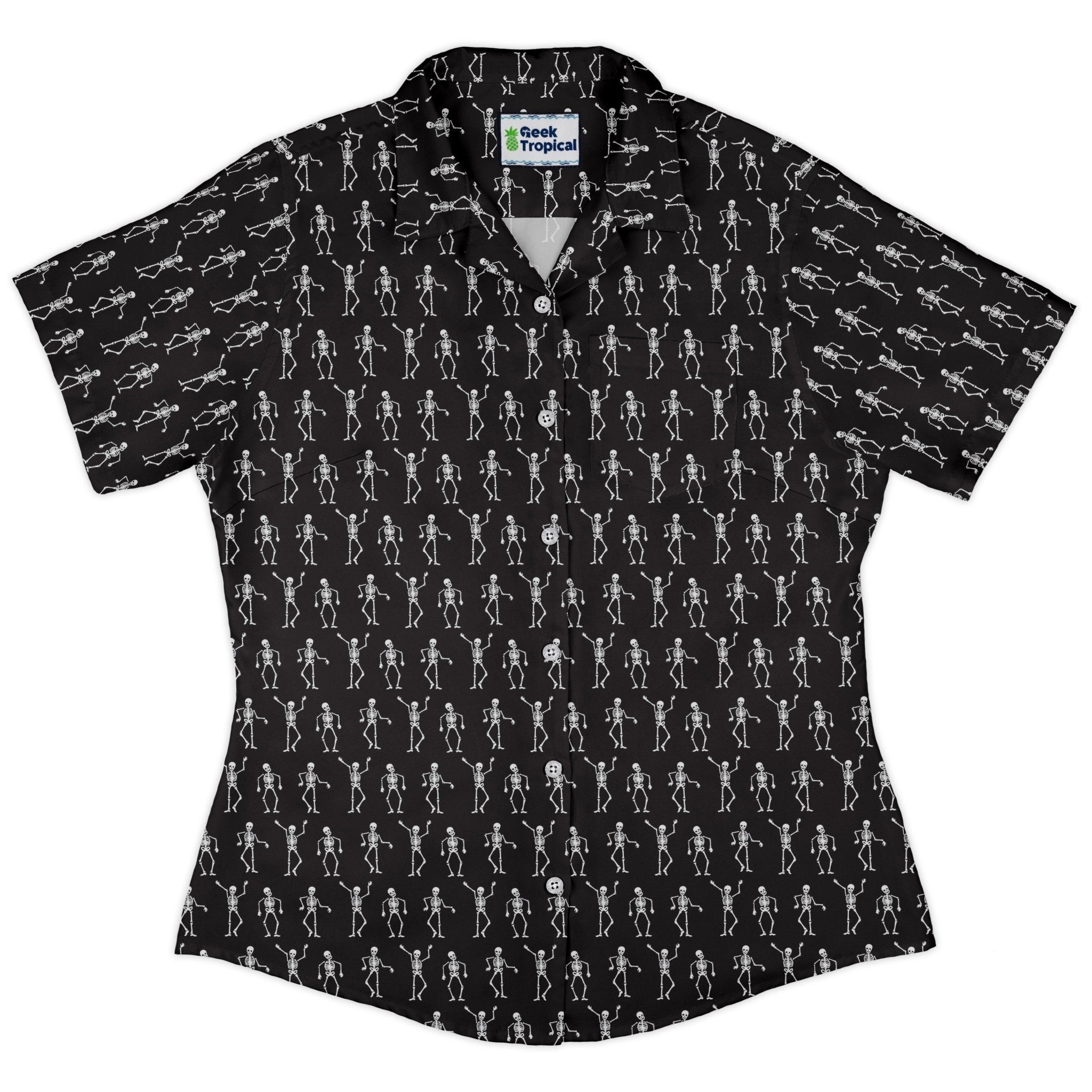 Skeleton Hanging Curvy Button Up Shirt Geek Nerd Design by Heather Davenport halloween q4