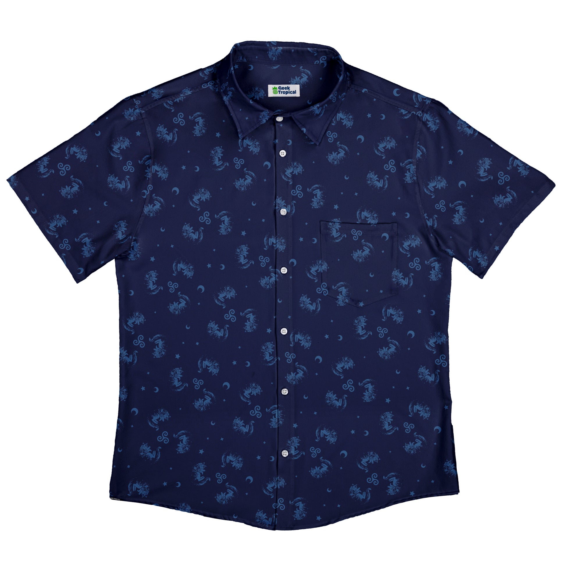 Sleepy Celestial Cats Blue Button Up Shirt Flat Front