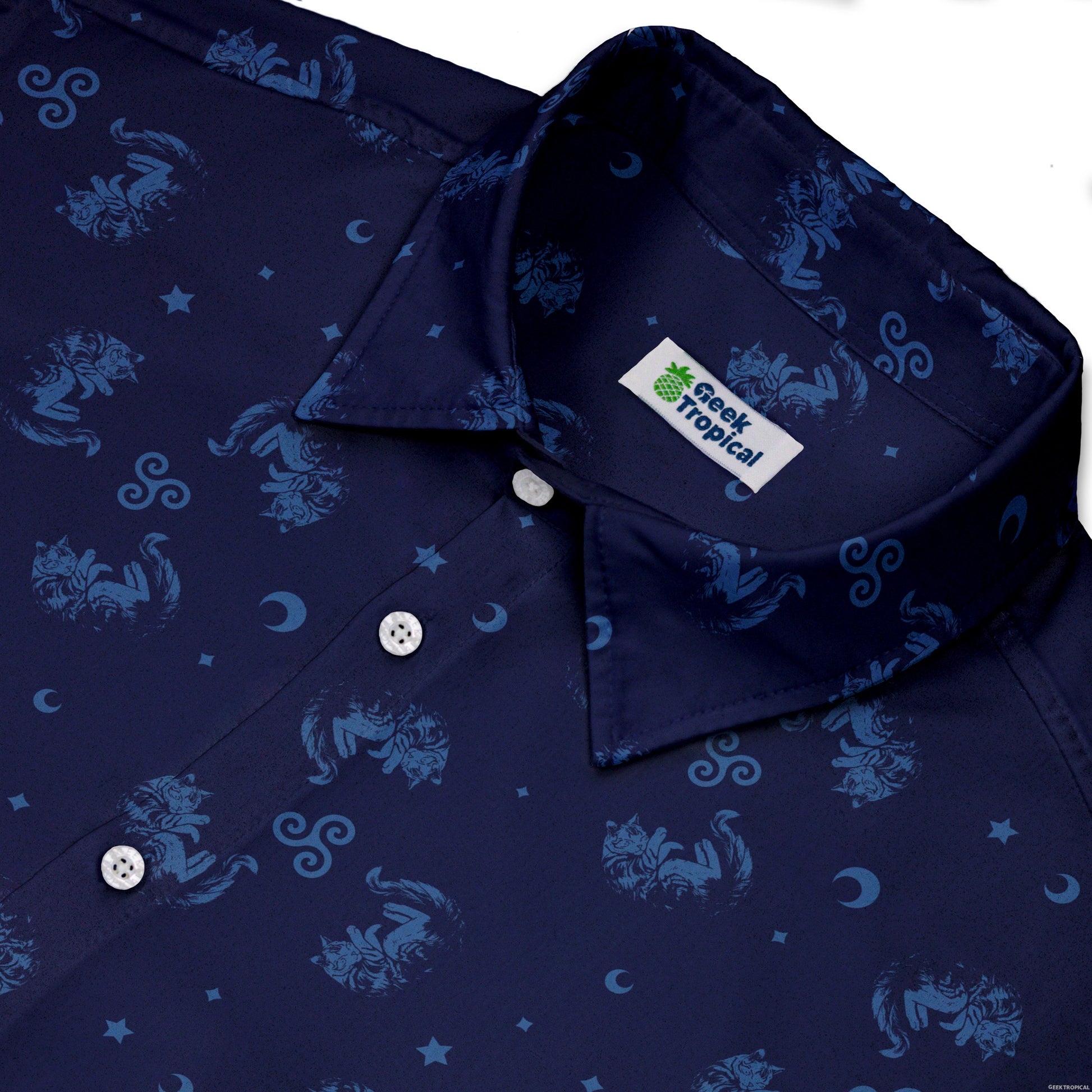 Sleepy Celestial Cats Blue Button Up Shirt Neck