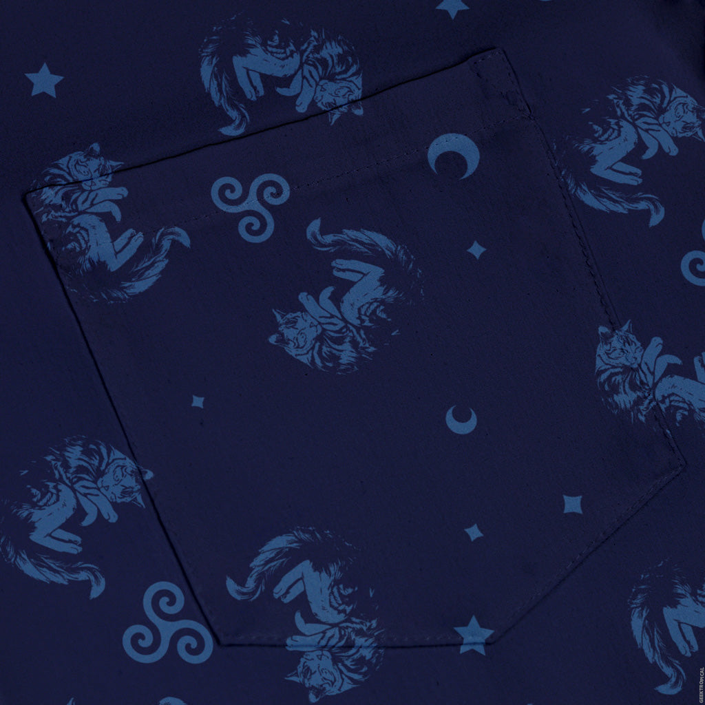 Sleepy Celestial Cats Blue Button Up Shirt Pocket