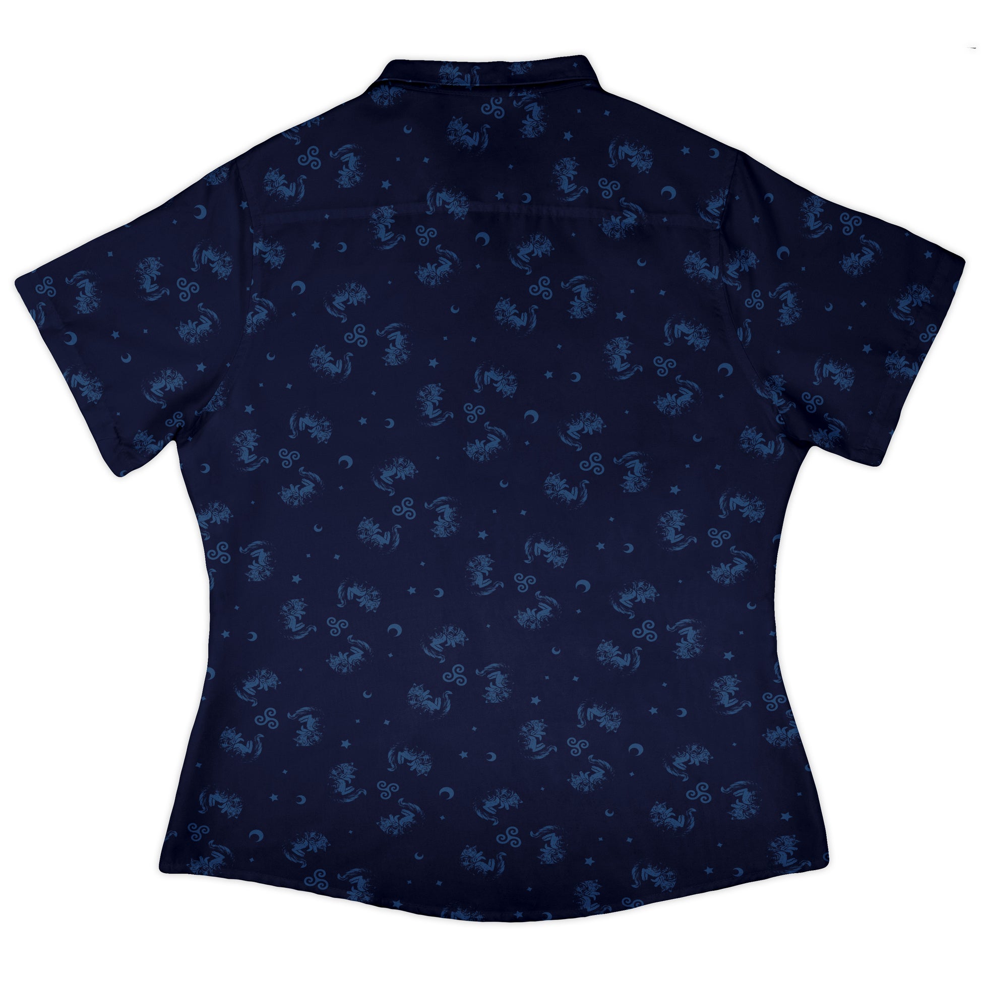 Sleepy Celestial Cats Blue Curvy Button Up Shirt womens back