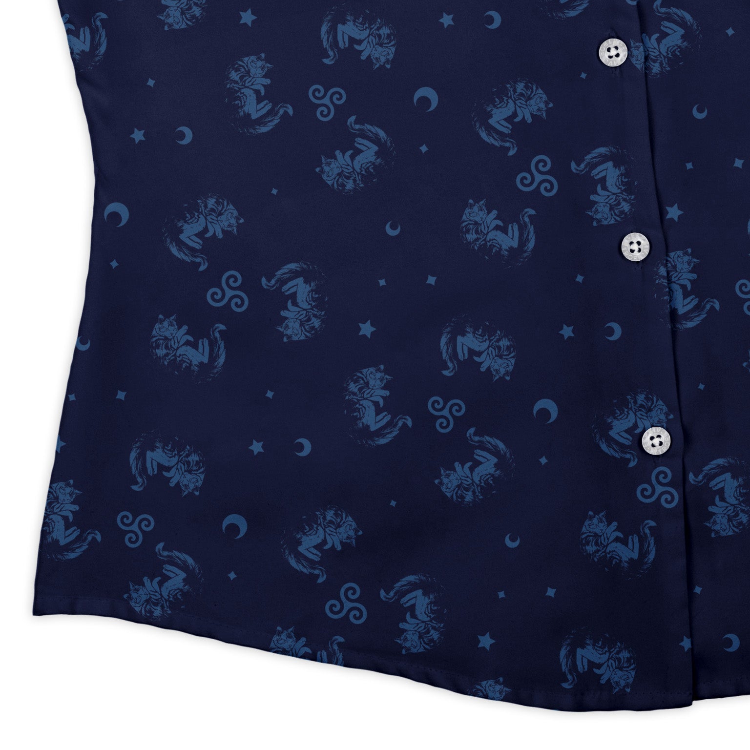 Sleepy Celestial Cats Blue Curvy Button Up Shirt womens corner
