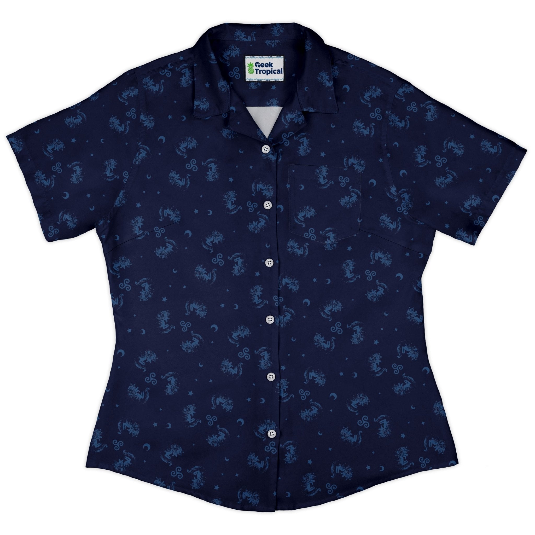 Sleepy Celestial Cats Blue Curvy Button Up Shirt 2