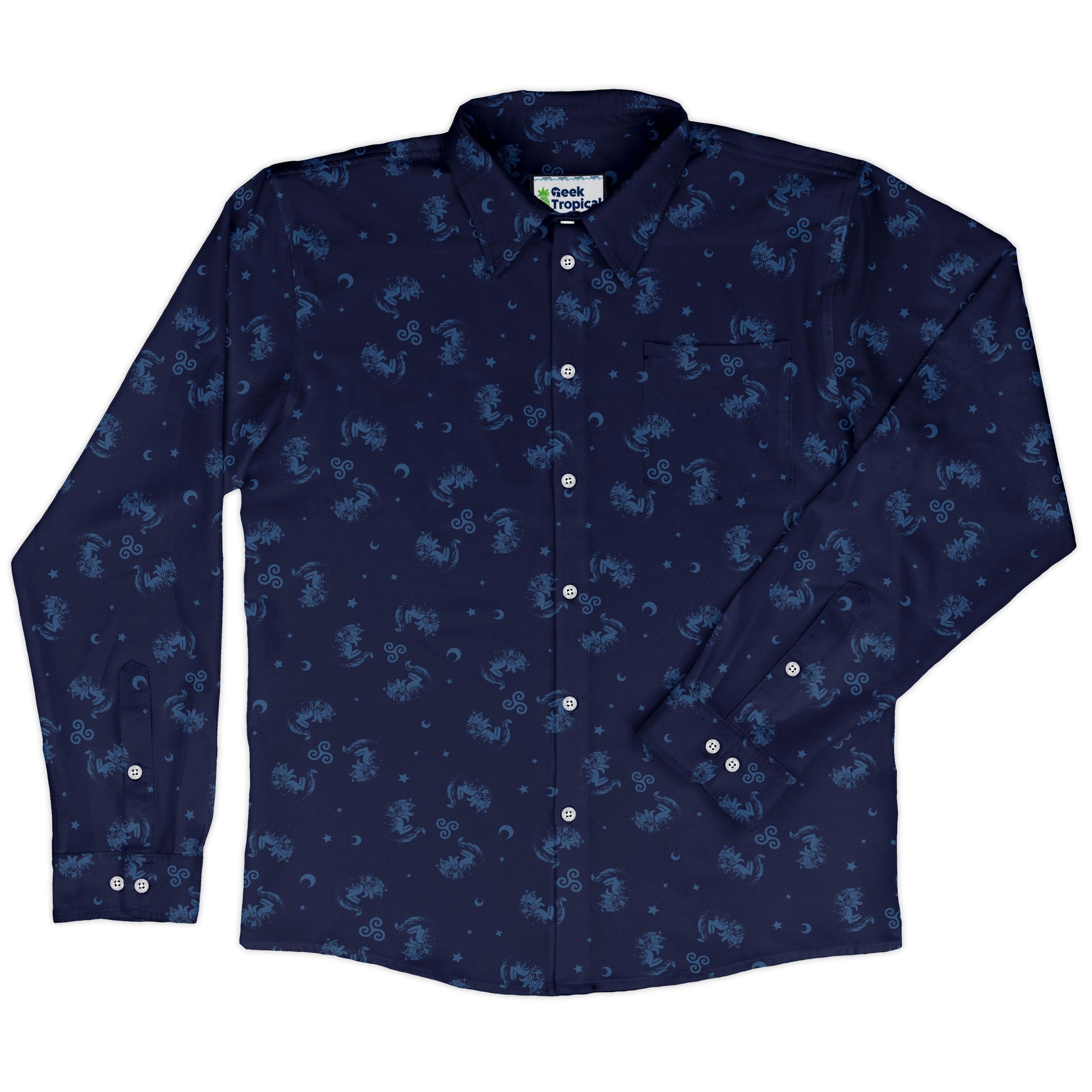 Sleepy Celestial Cats Blue Long Sleeve Button Up Shirt front