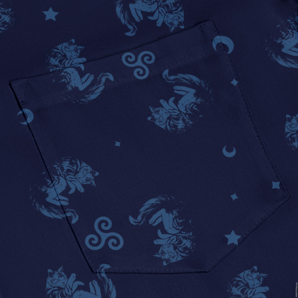 Sleepy Celestial Cats Blue Long Sleeve Button Up Shirt pocket