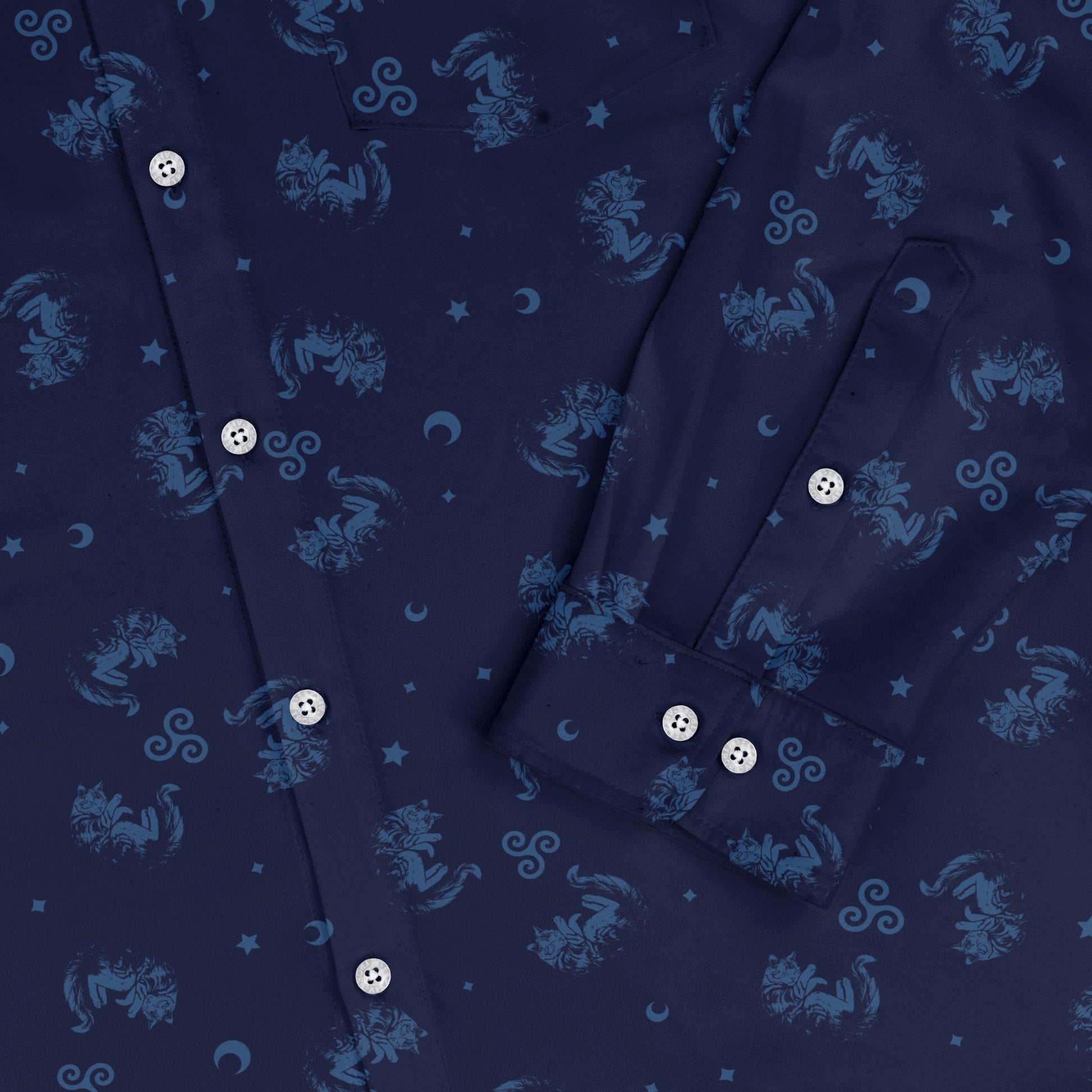 Sleepy Celestial Cats Blue Long Sleeve Button Up Shirt sleeve close
