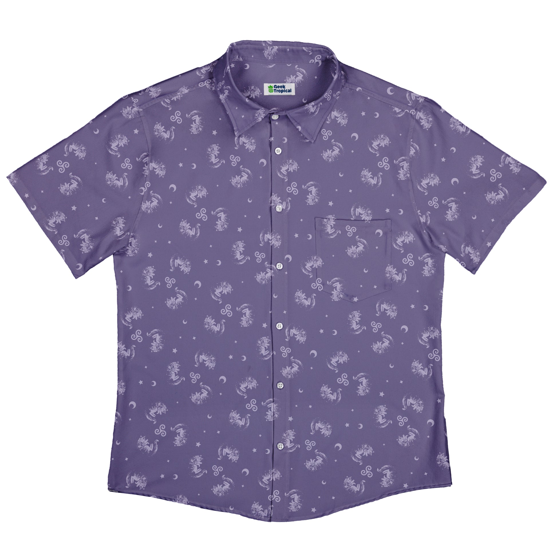 Sleepy Celestial Cats Lilac Button Up Shirt Flat Front