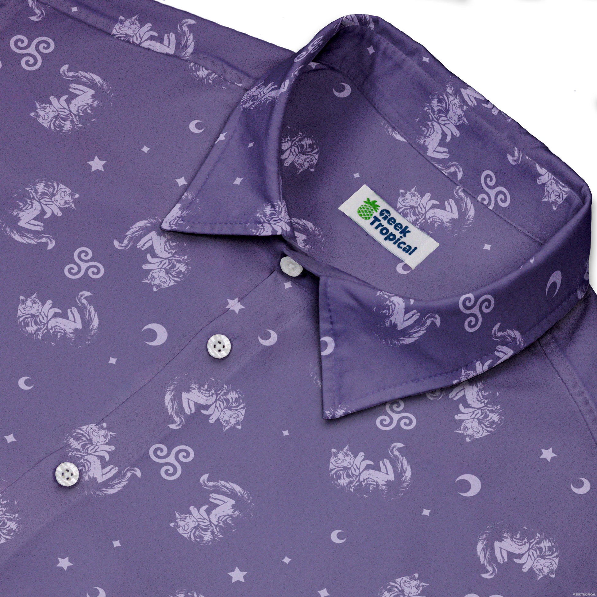 Sleepy Celestial Cats Lilac Button Up Shirt Neck
