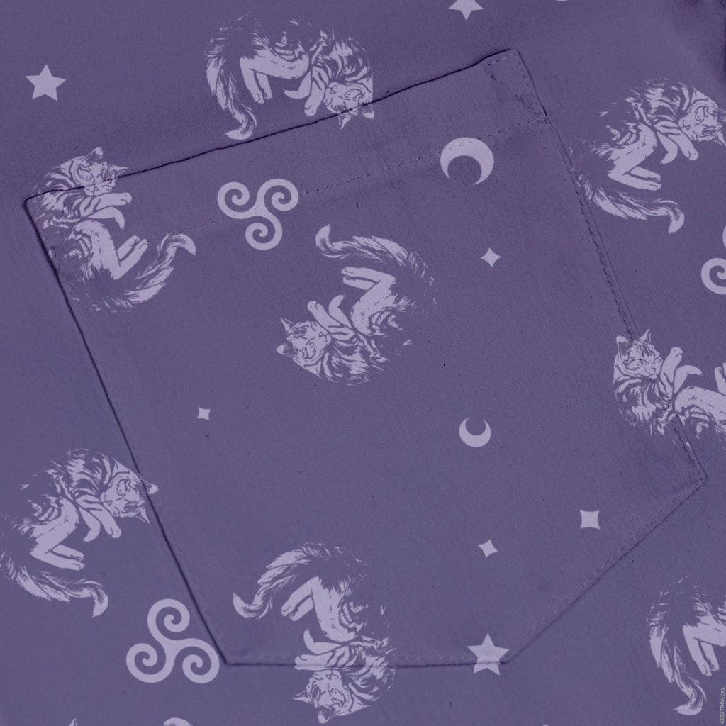 Sleepy Celestial Cats Lilac Button Up Shirt Pocket