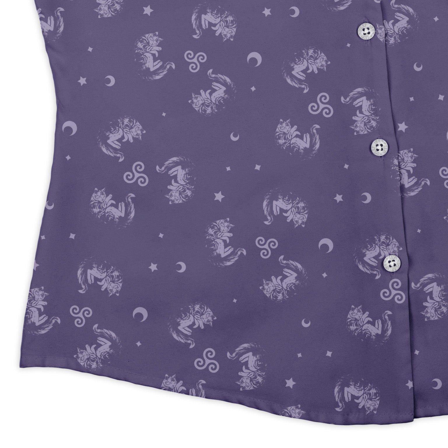Sleepy Celestial Cats Lilac Curvy Button Up Shirt womens corner