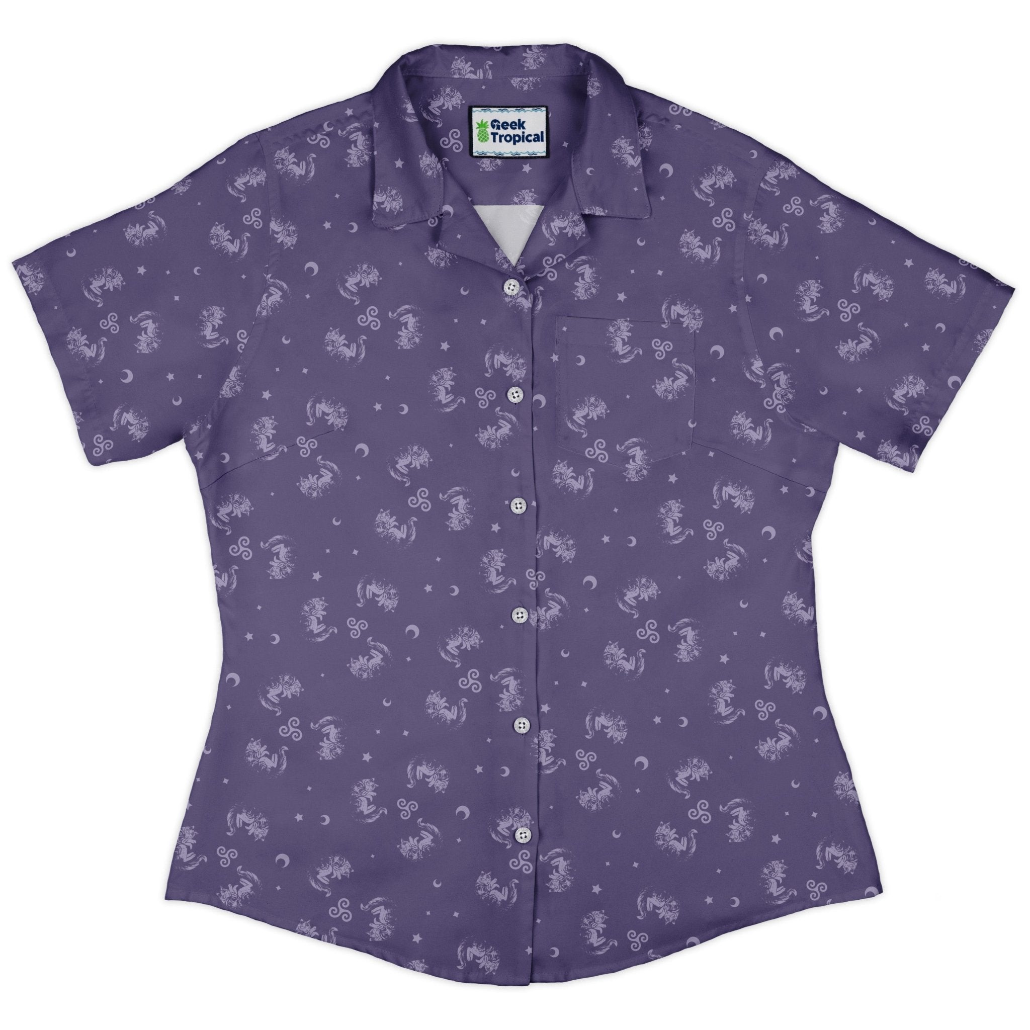 Sleepy Celestial Cats Lilac Curvy Button Up Shirt 2