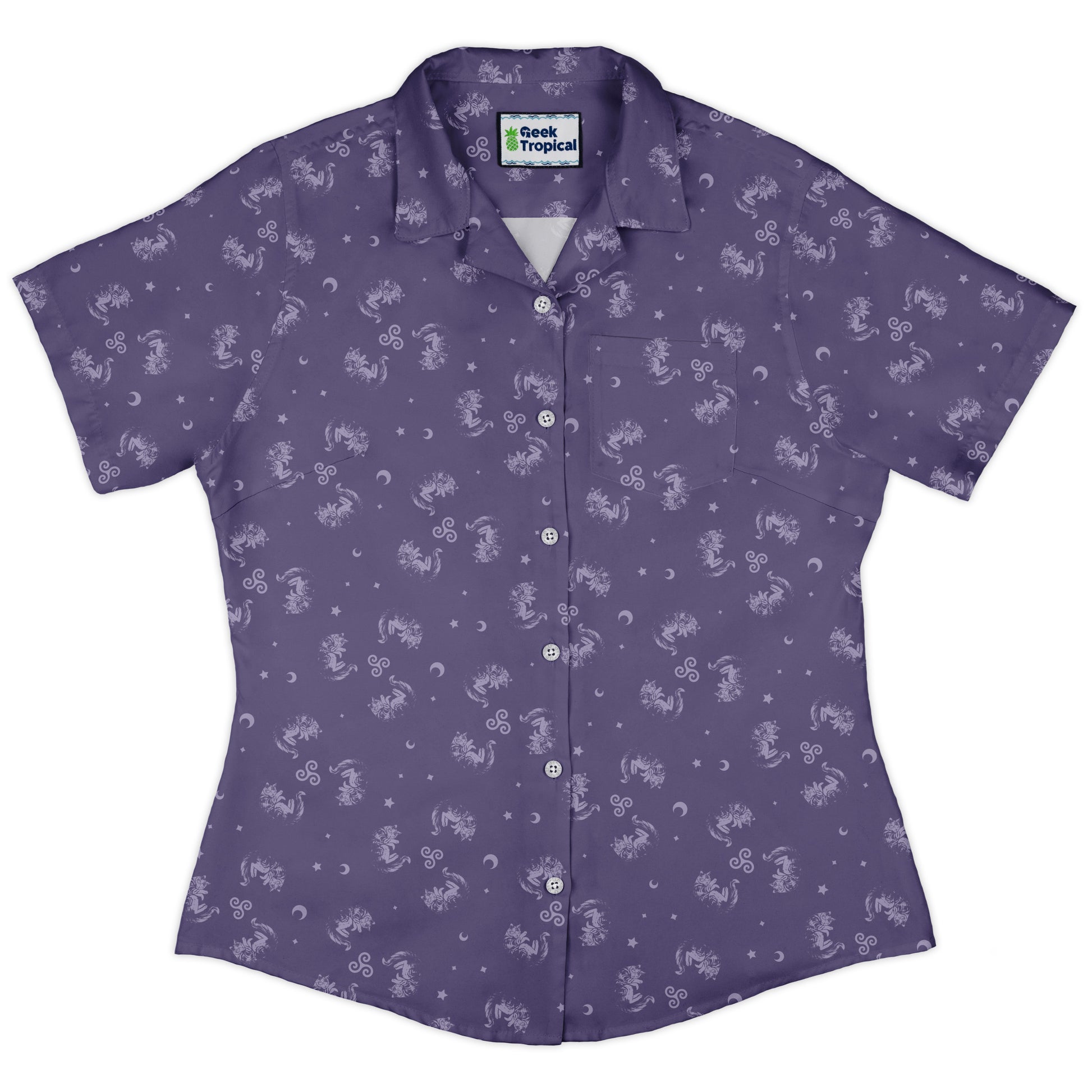 Sleepy Celestial Cats Lilac Curvy Button Up Shirt womens front