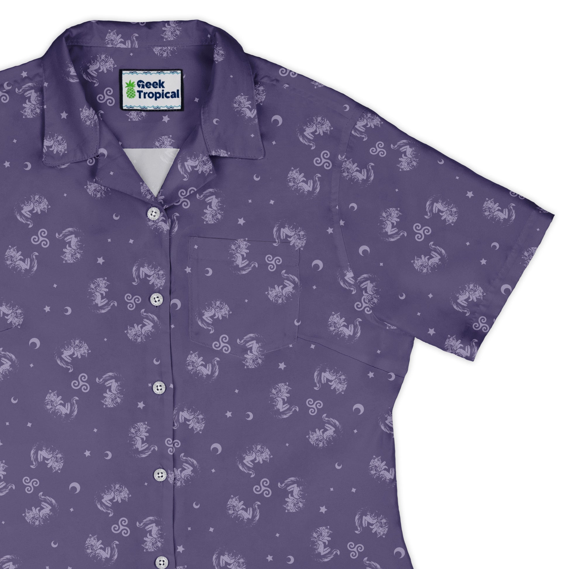 Sleepy Celestial Cats Lilac Curvy Button Up Shirt womens top right