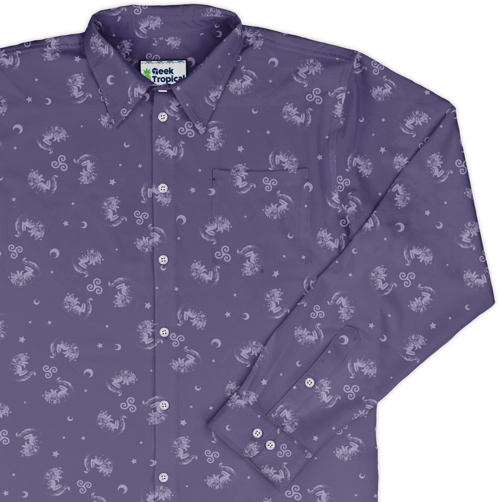 Sleepy Celestial Cats Lilac Long Sleeve Button Up Shirt cover