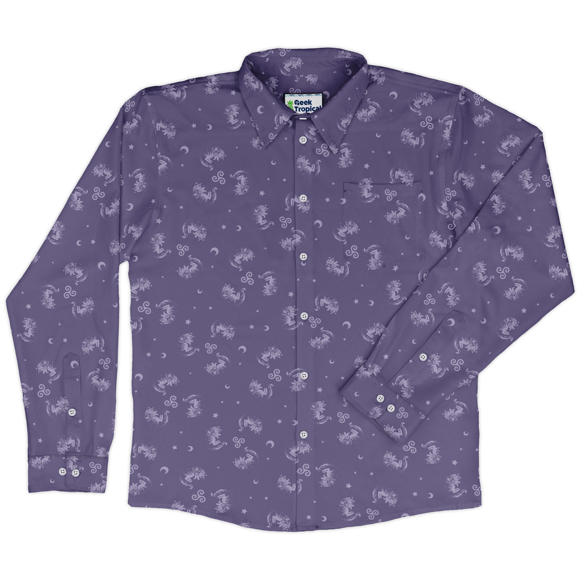 Sleepy Celestial Cats Lilac Long Sleeve Button Up Shirt front