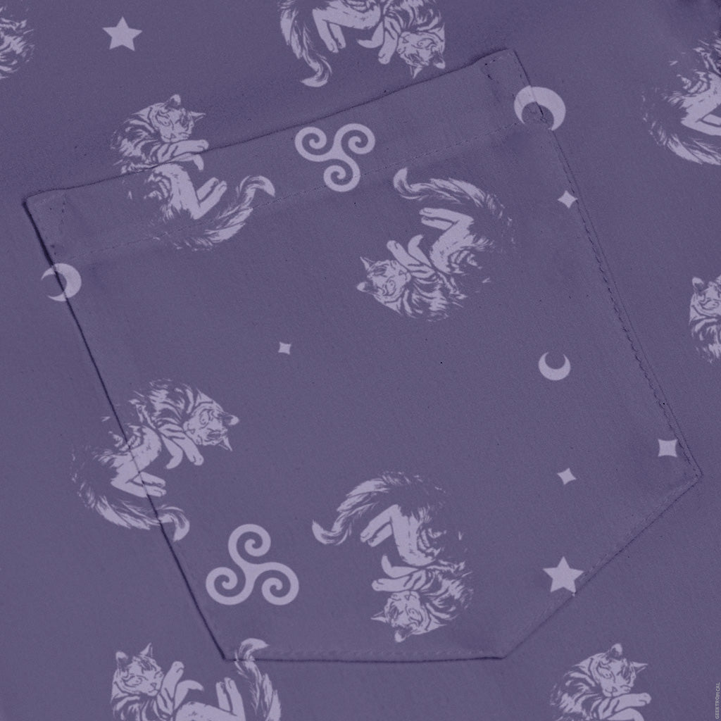 Sleepy Celestial Cats Lilac Long Sleeve Button Up Shirt pocket