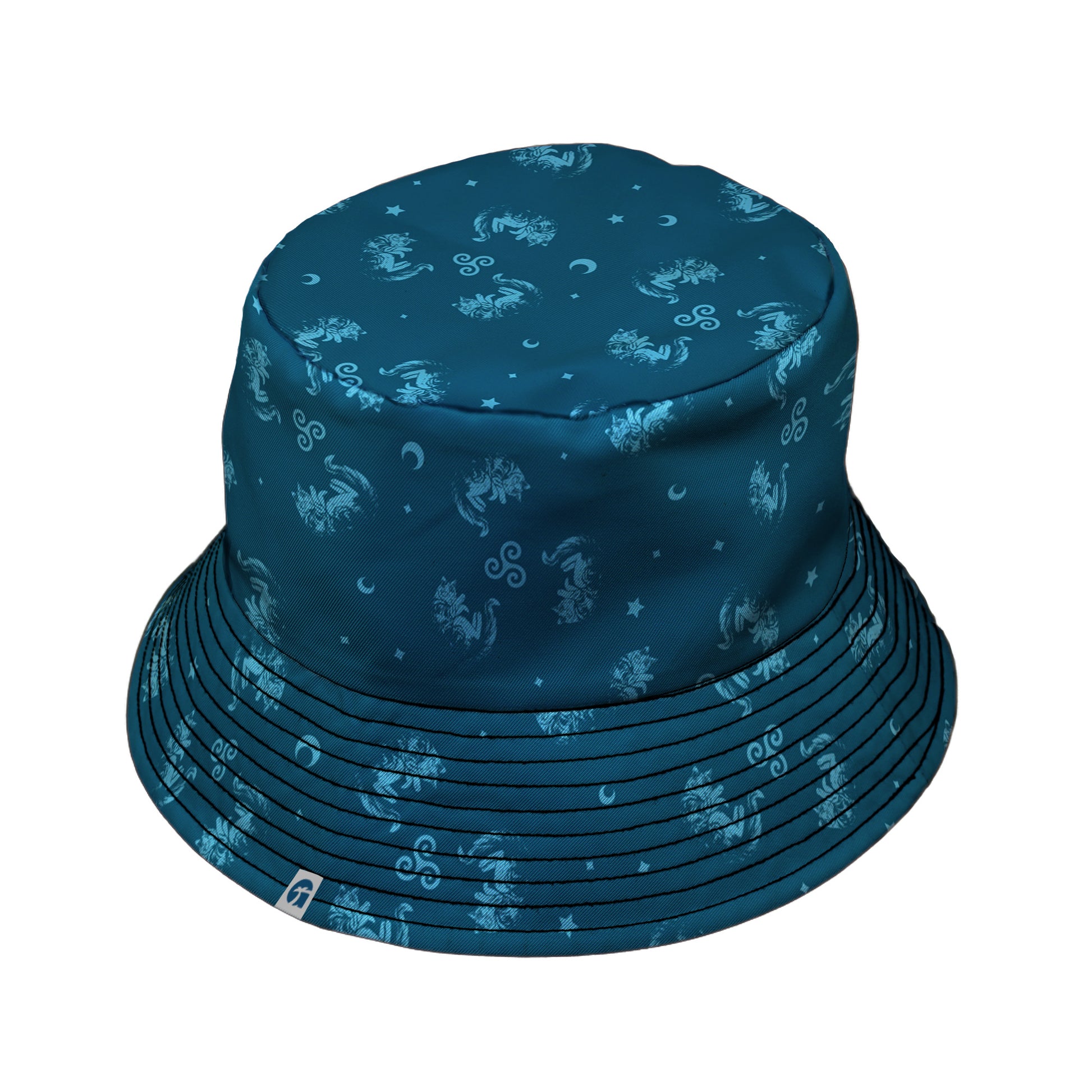 Sleepy Celestial Cats Teal Bucket Hat Black Stitching