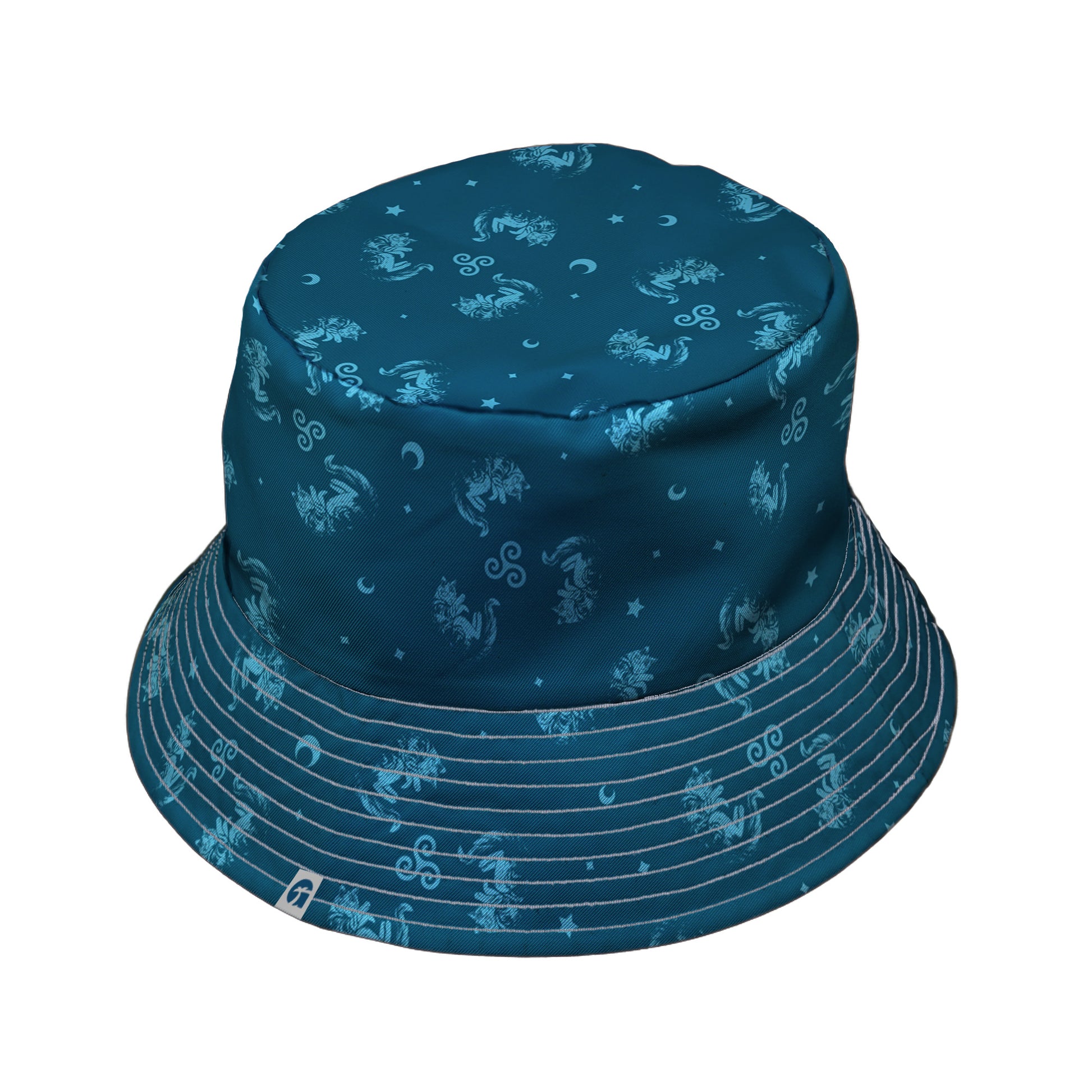 Sleepy Celestial Cats Teal Bucket Hat Gray Stitching