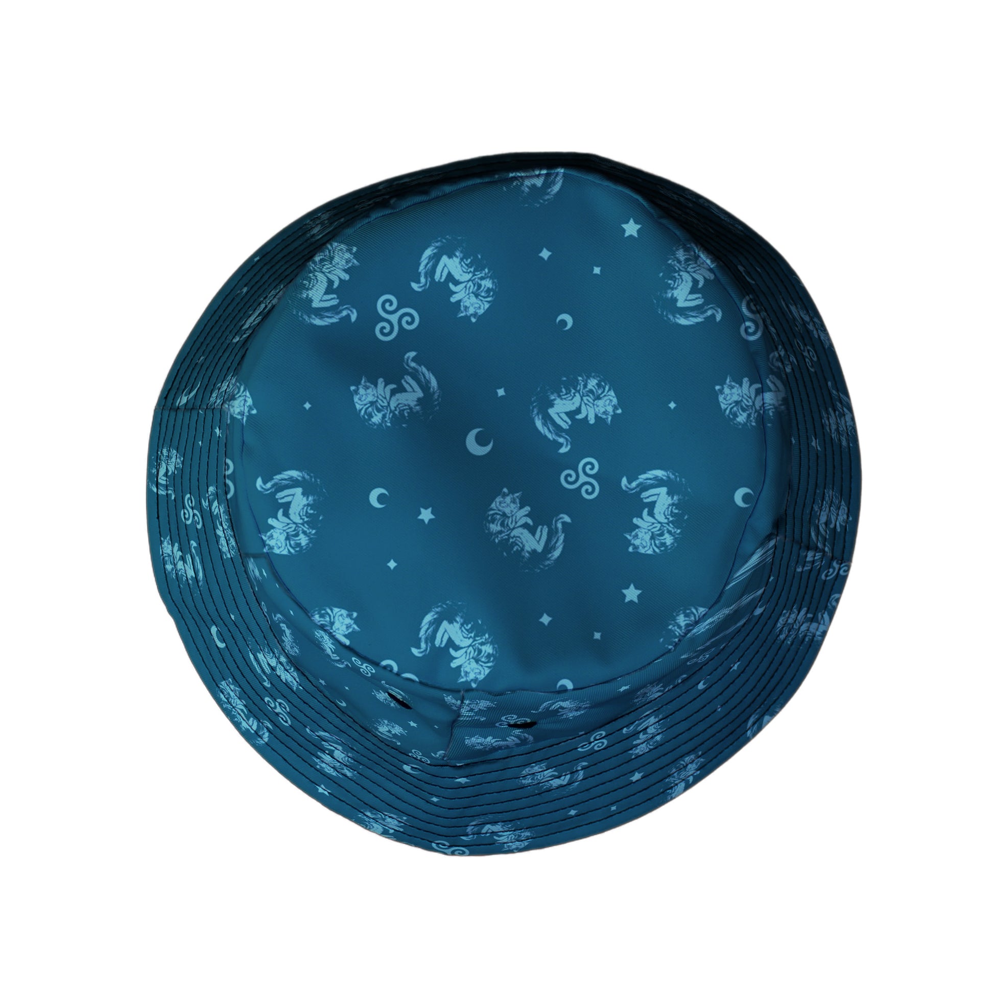 Sleepy Celestial Cats Teal Bucket Hat Top View