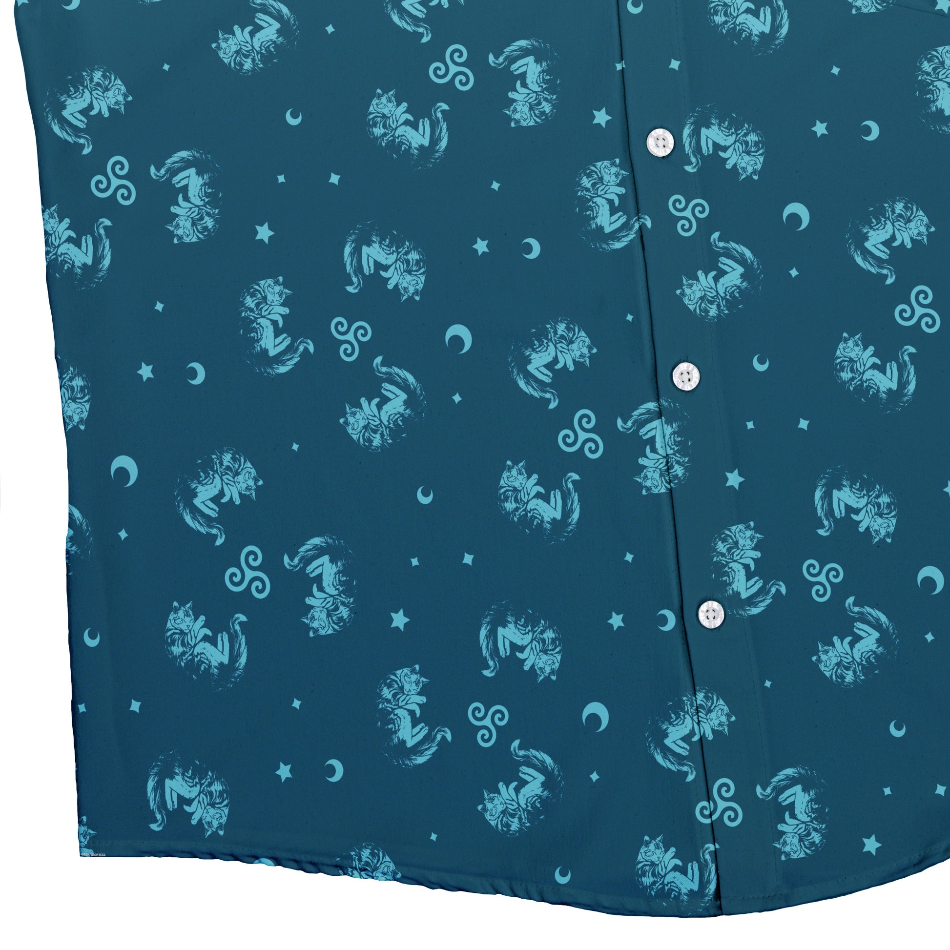 Sleepy Celestial Cats Teal Button Up Shirt Bottom Corner