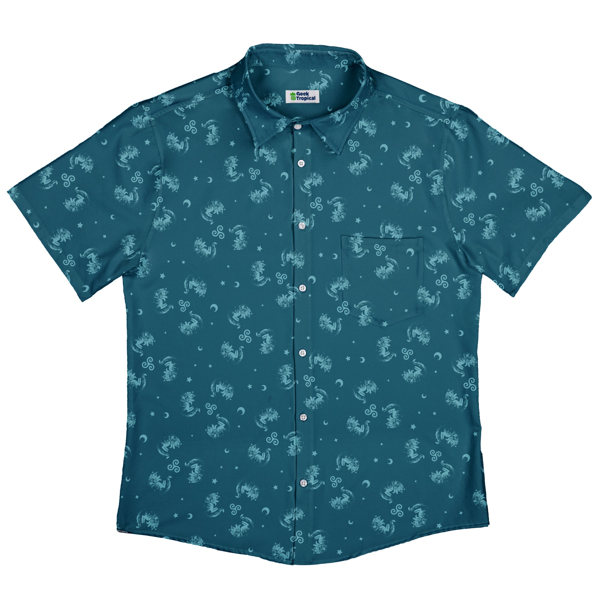 Sleepy Celestial Cats Teal Button Up Shirt Flat Front