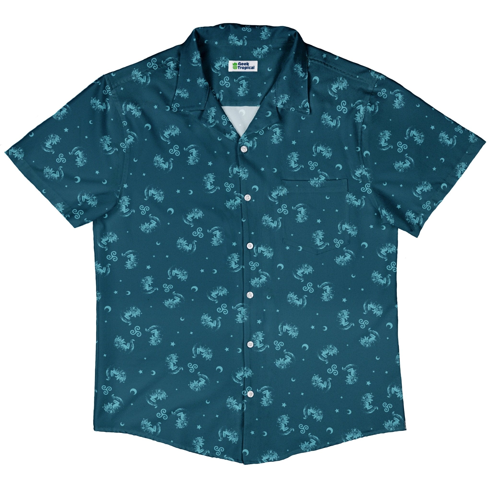 Sleepy Celestial Cats Teal Button Up Shirt 5