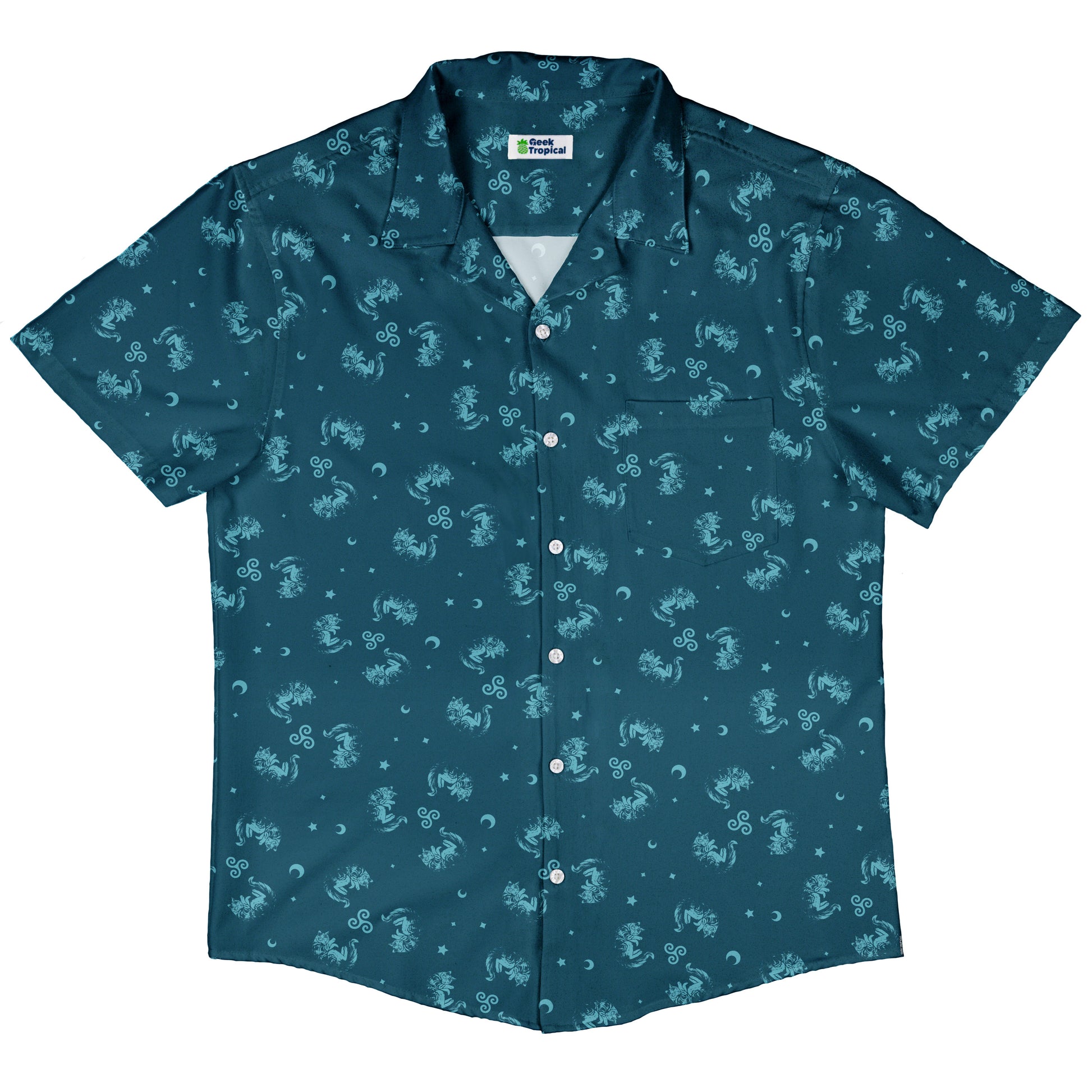 Sleepy Celestial Cats Teal Button Up Shirt Hawaiian Front