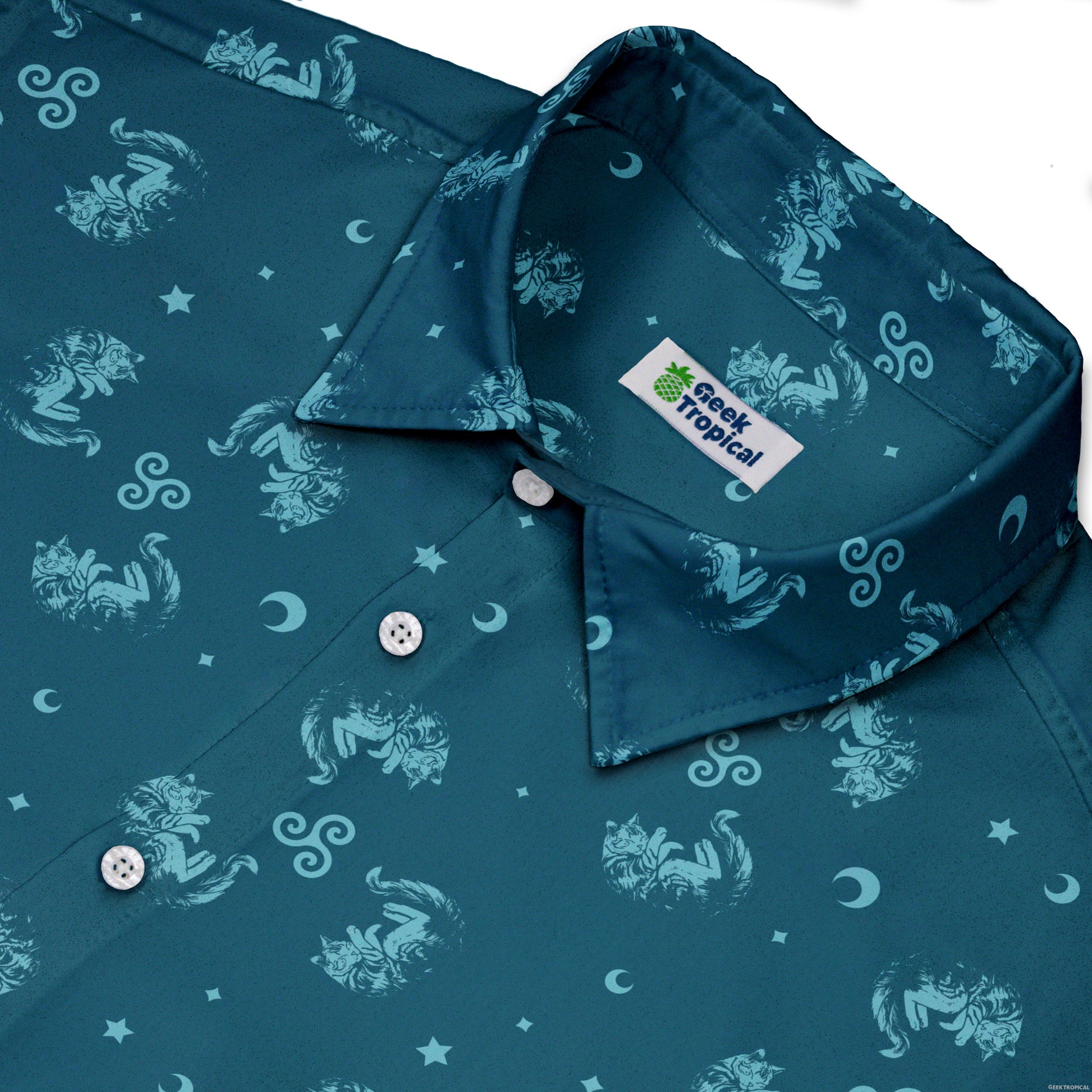 Sleepy Celestial Cats Teal Button Up Shirt Neck