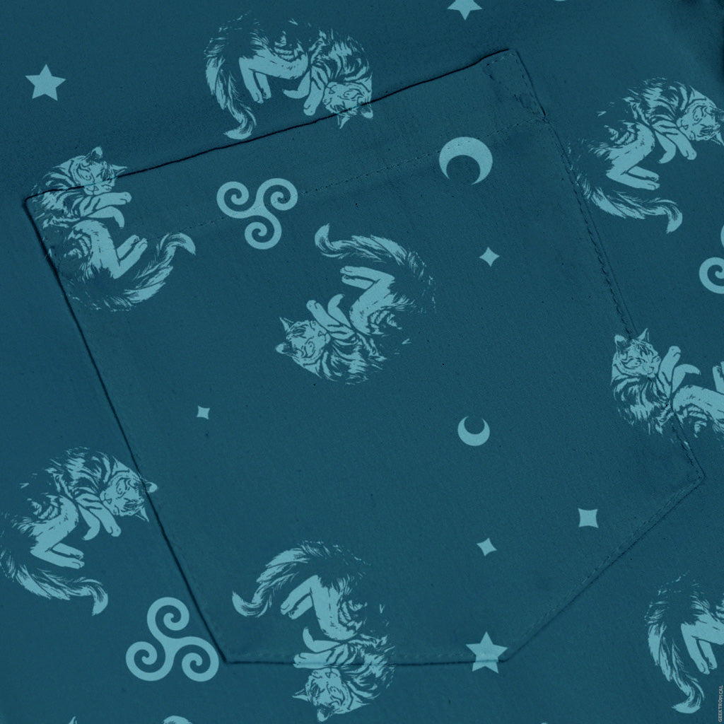 Sleepy Celestial Cats Teal Button Up Shirt Pocket