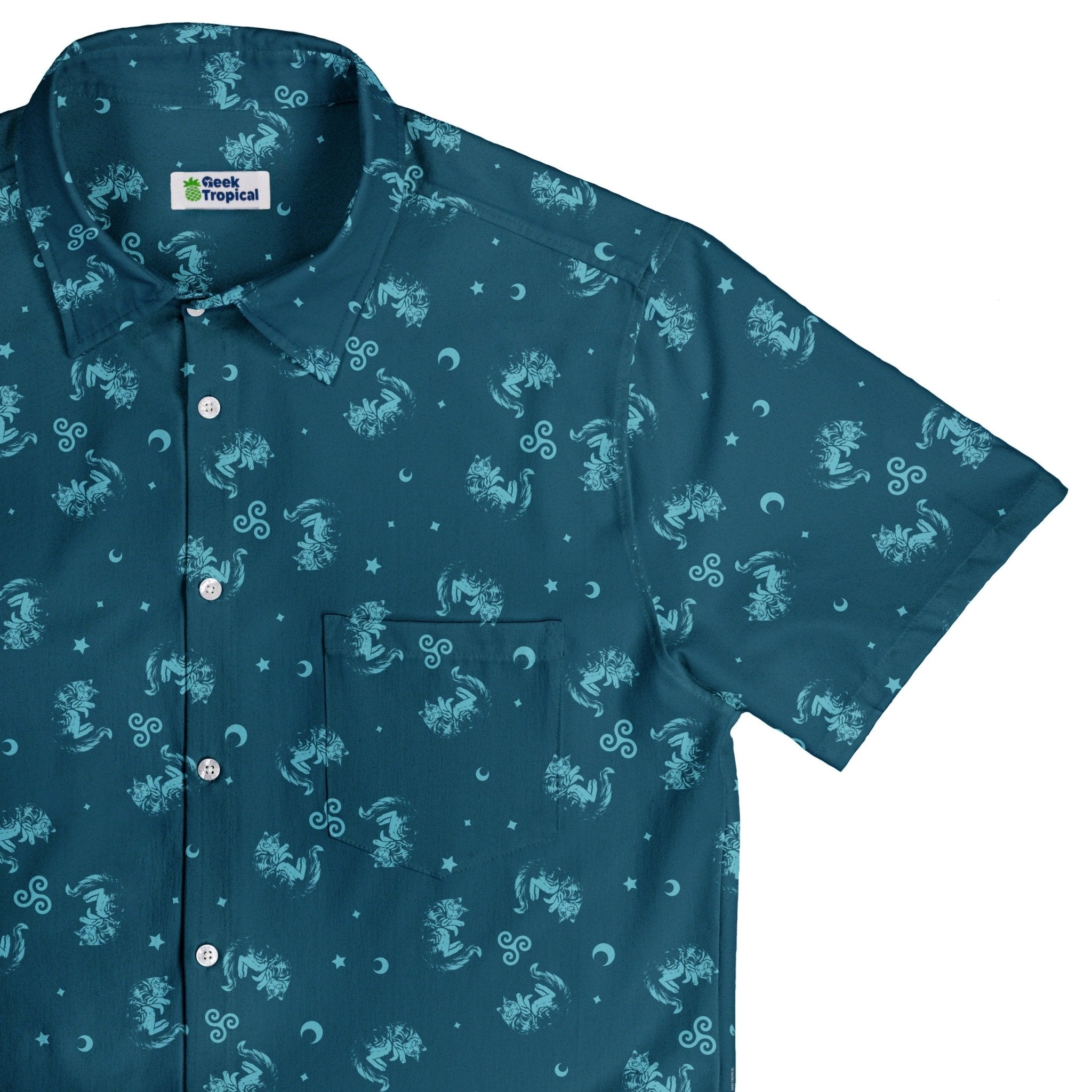 Sleepy Celestial Cats Teal Button Up Shirt 1