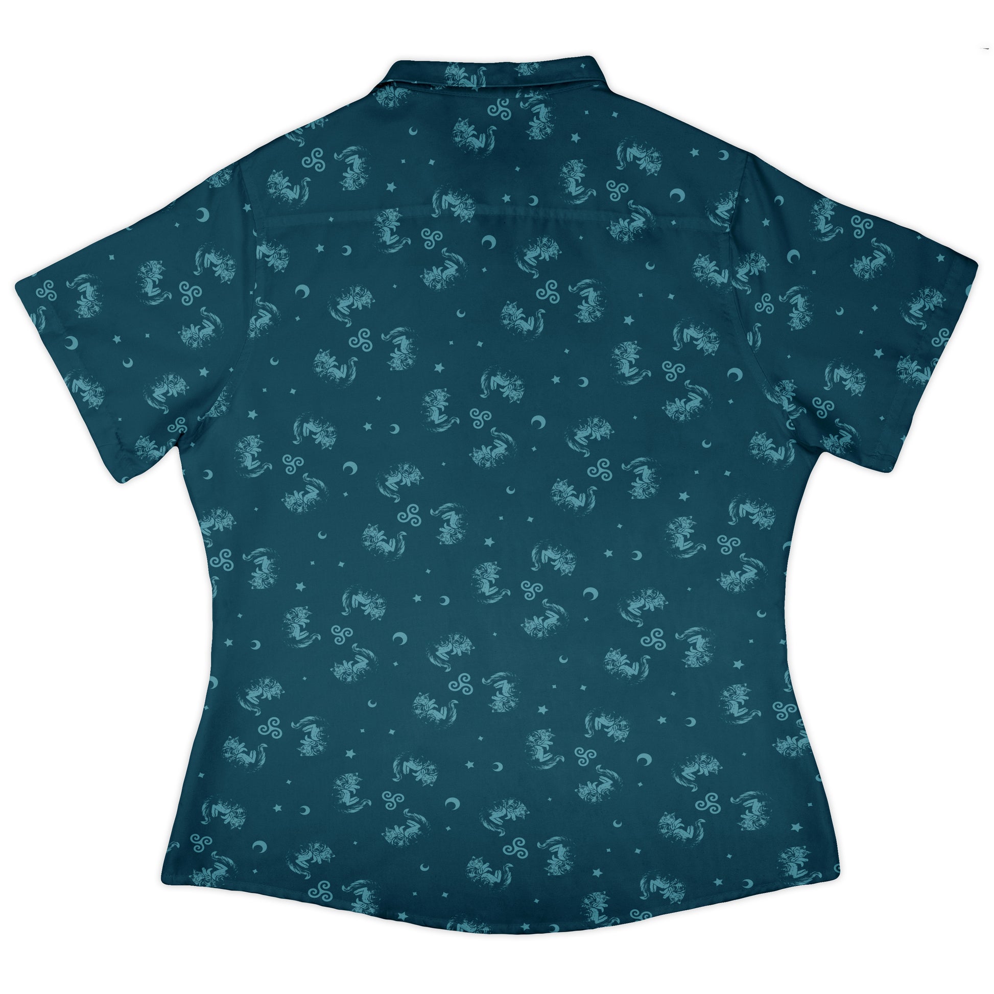 Sleepy Celestial Cats Teal Curvy Button Up Shirt womens back