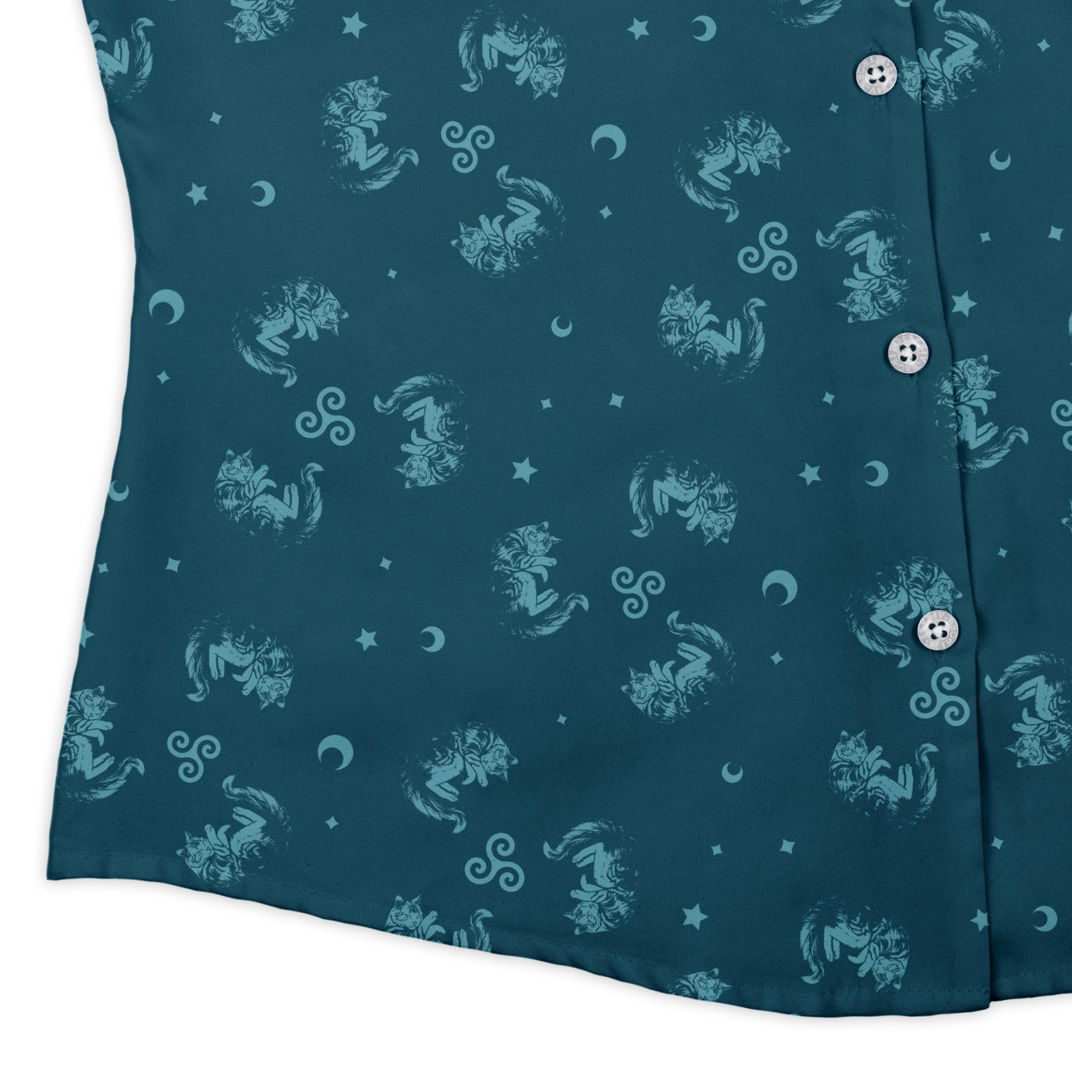 Sleepy Celestial Cats Teal Curvy Button Up Shirt womens corner