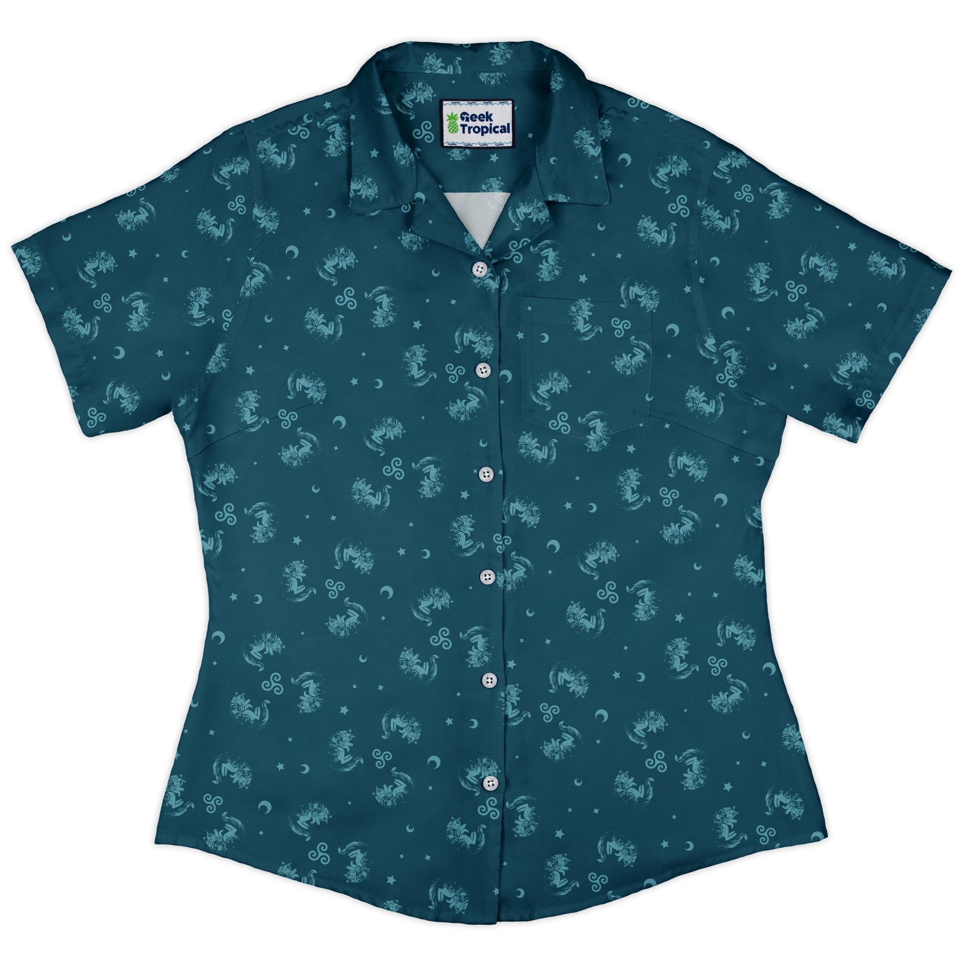 Sleepy Celestial Cats Teal Curvy Button Up Shirt womens front