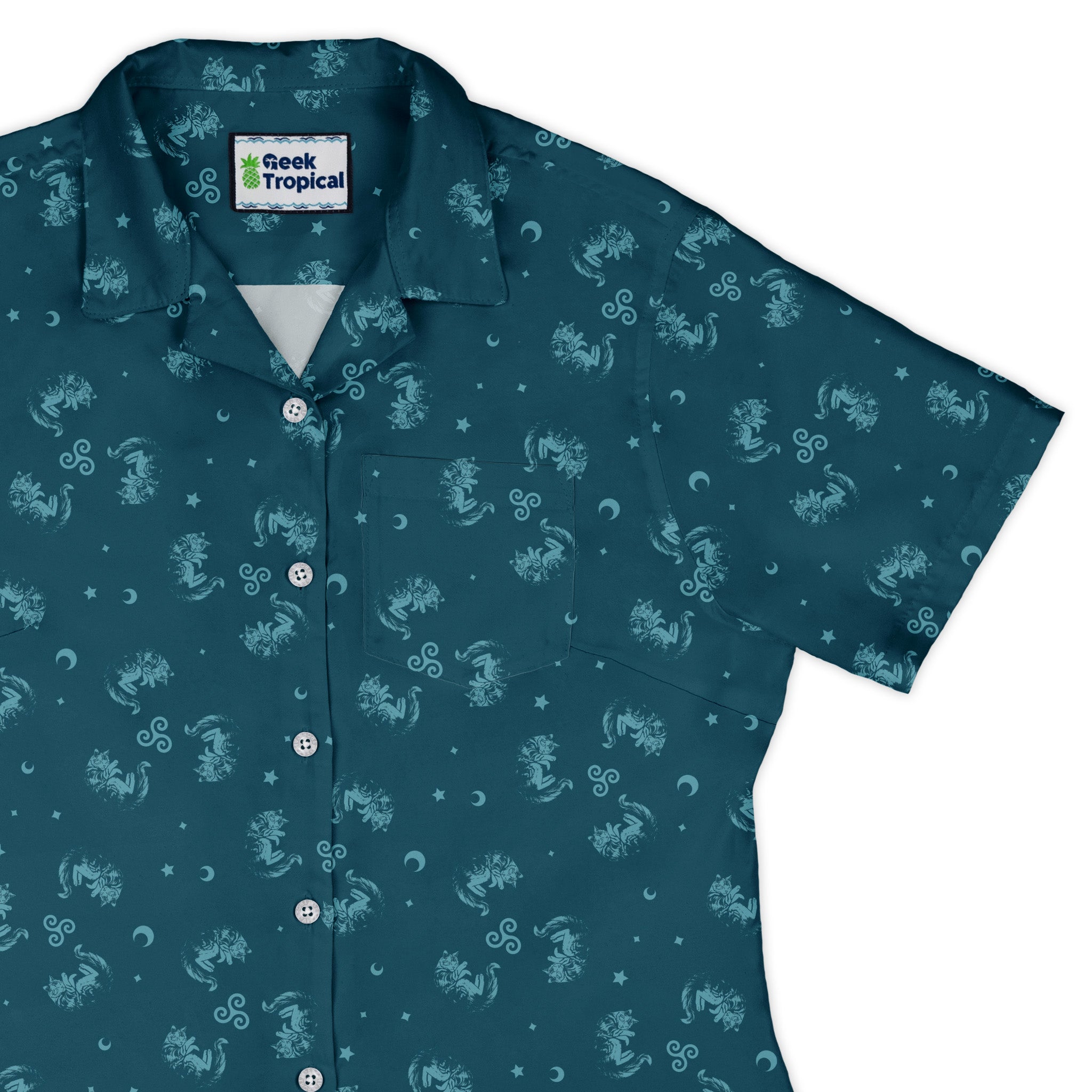 Sleepy Celestial Cats Teal Curvy Button Up Shirt womens top right