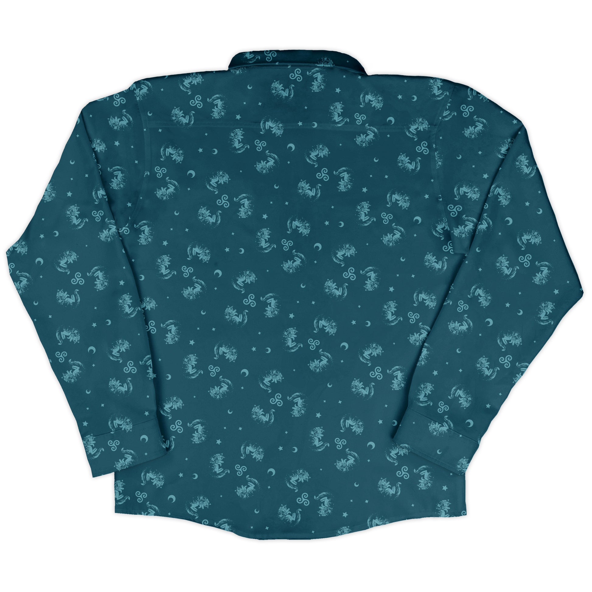 Sleepy Celestial Cats Teal Long Sleeve Button Up Shirt back