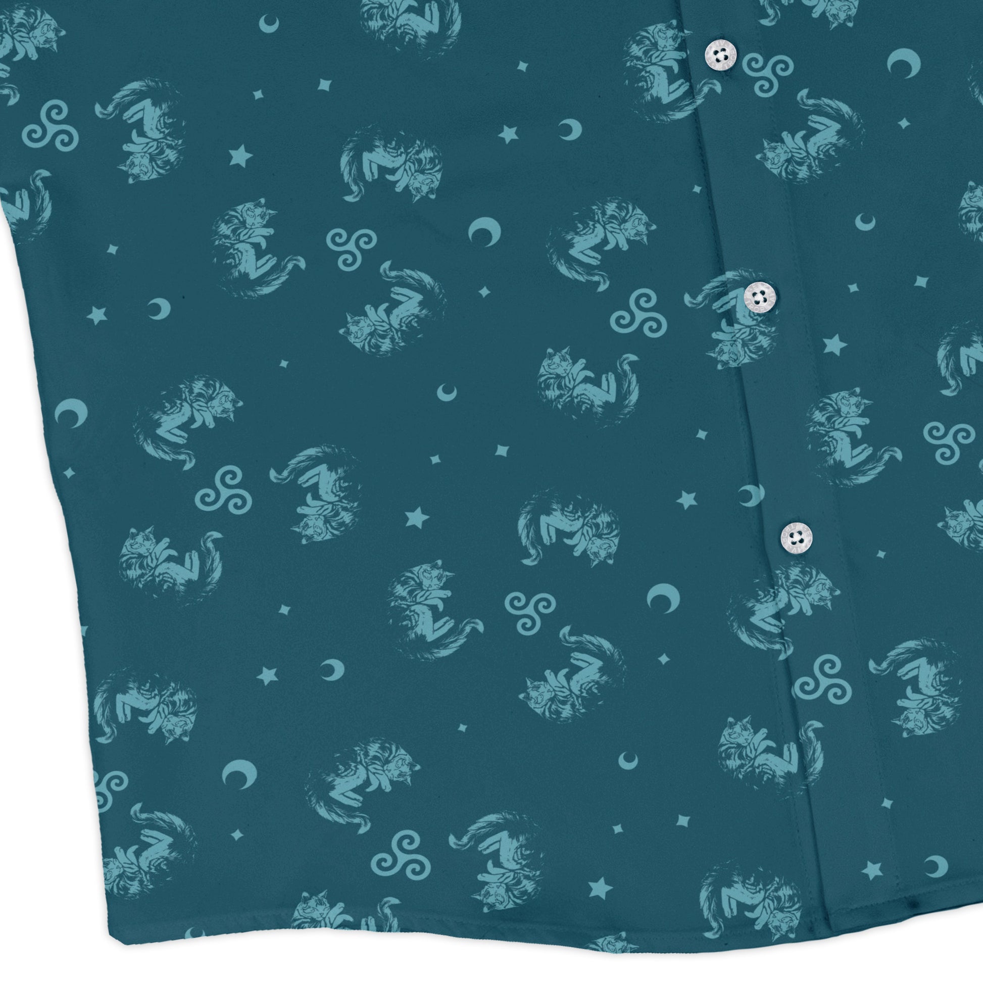 Sleepy Celestial Cats Teal Long Sleeve Button Up Shirt corner