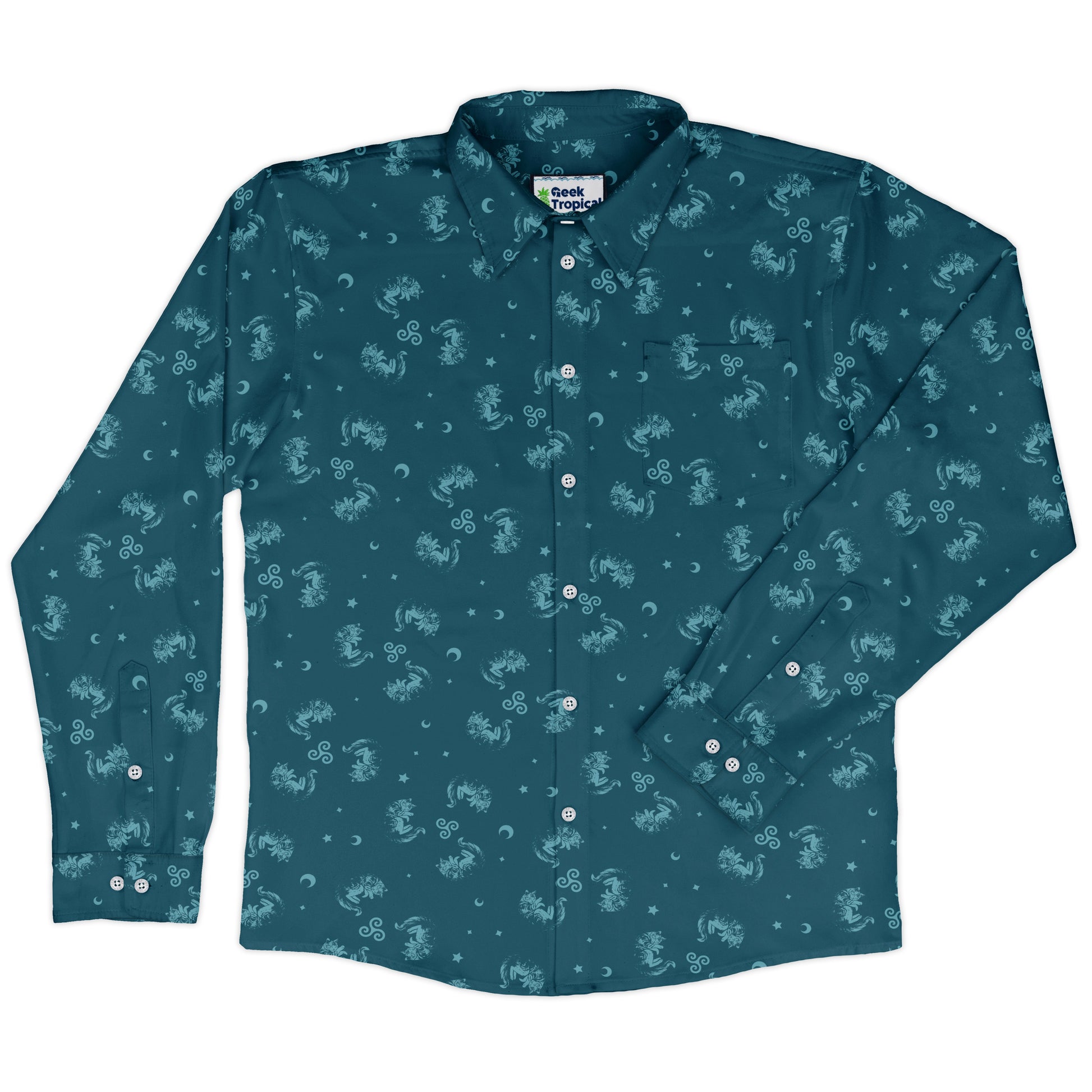 Sleepy Celestial Cats Teal Long Sleeve Button Up Shirt front
