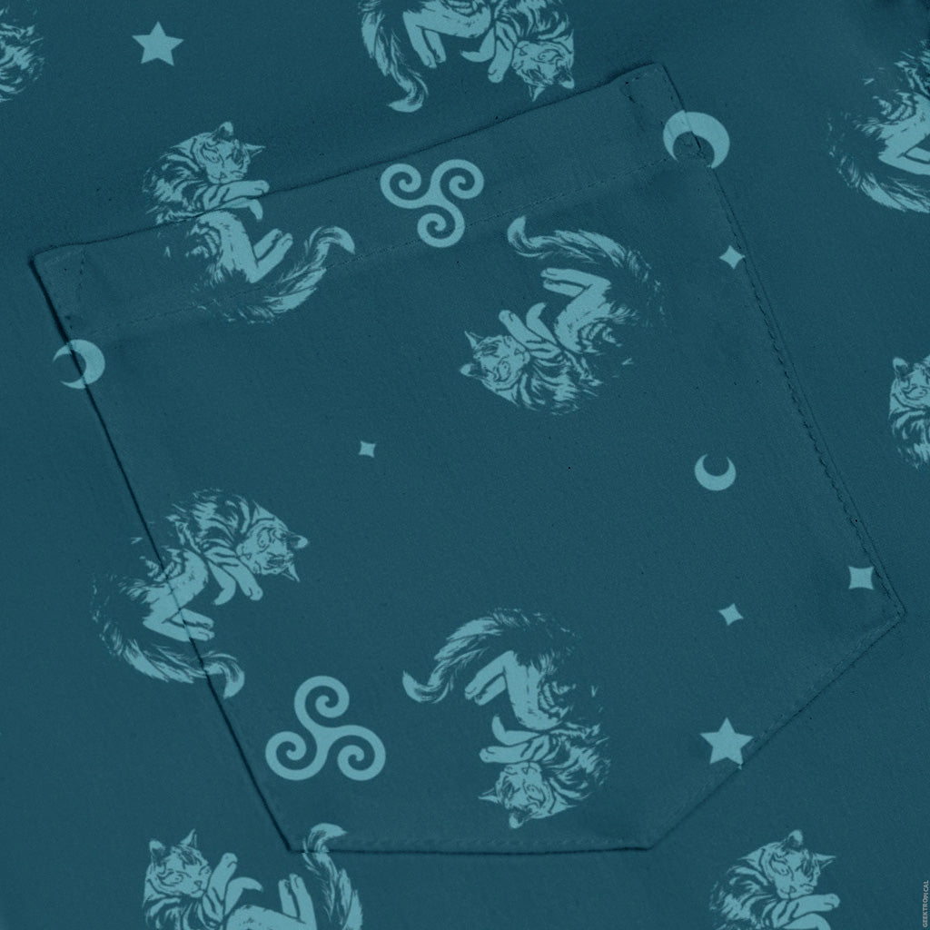 Sleepy Celestial Cats Teal Long Sleeve Button Up Shirt pocket