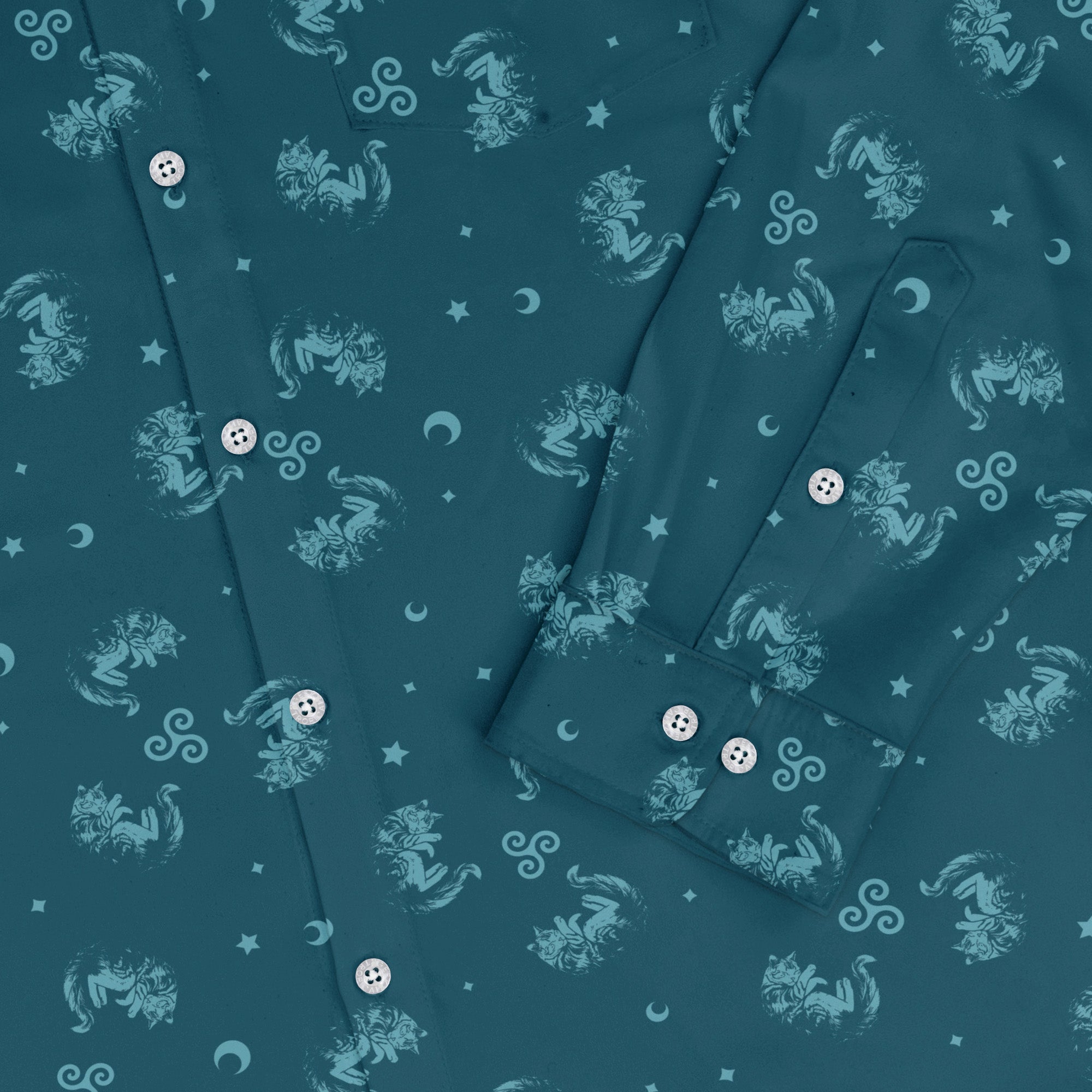 Sleepy Celestial Cats Teal Long Sleeve Button Up Shirt 2