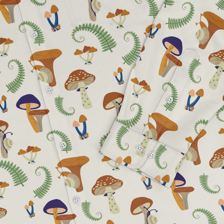 Snails and Mushrooms Botany Long Sleeve Button Up Shirt Geek Nerd adult sizing Botany Print FLOW DESC WRITING