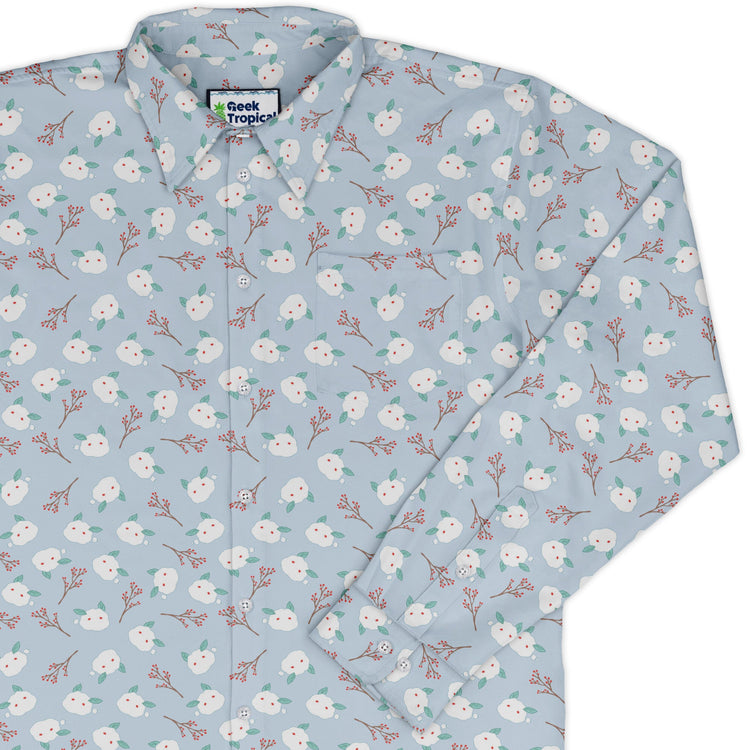 Snow Bunnies Long Sleeve Button Up Shirt Geek Nerd adult sizing Anime Christmas Print