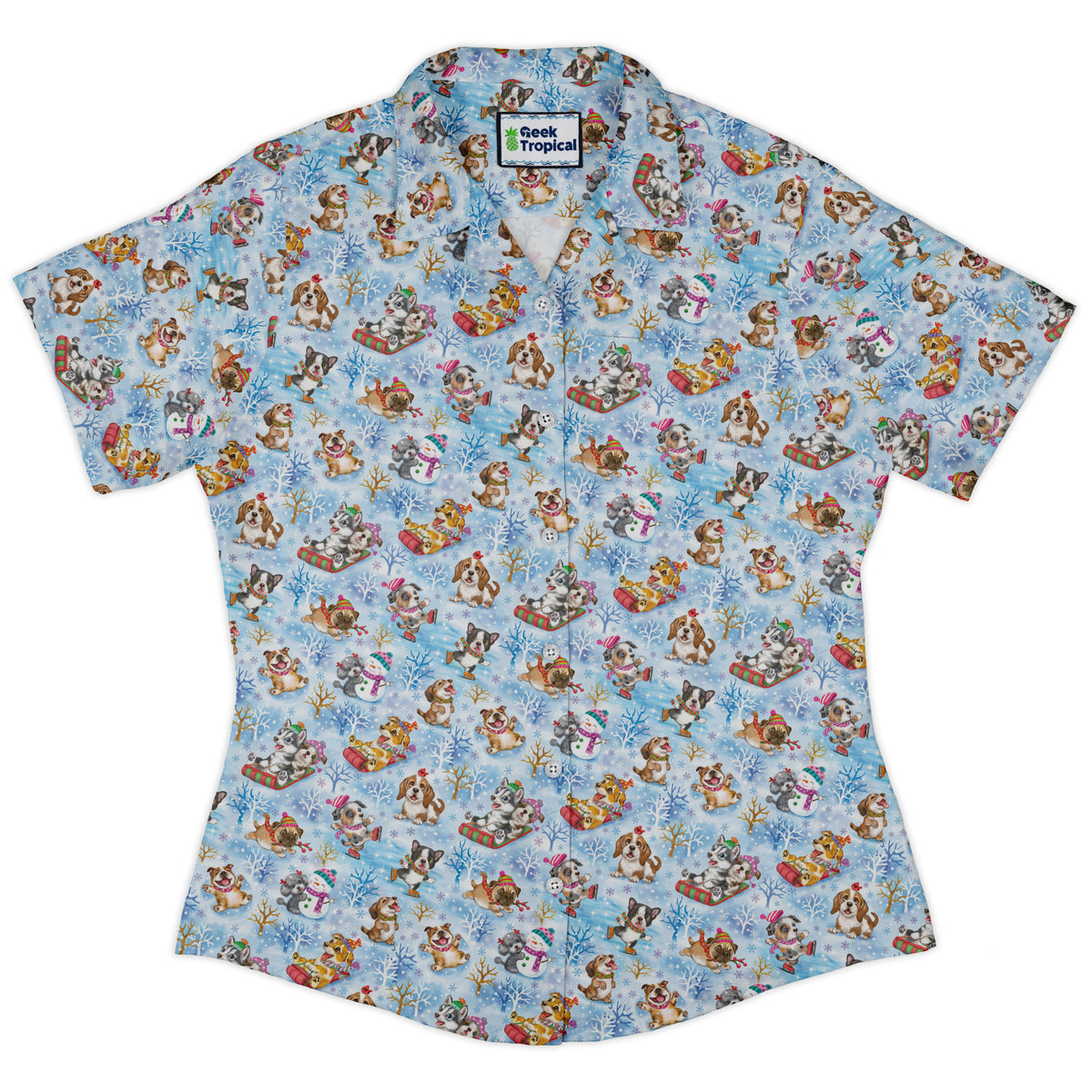Snow Much Puppy Fun Curvy Button Up Shirt womens front