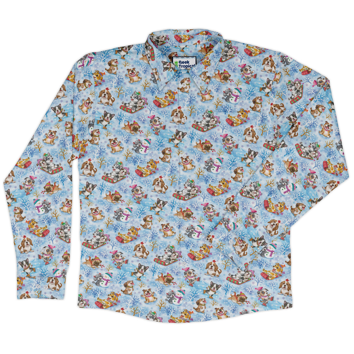 Snow Much Puppy Fun Long Sleeve Button Up Shirt front